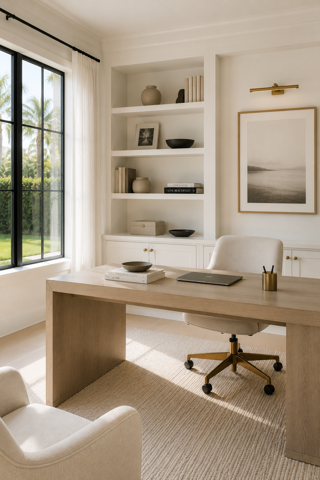 A neutral-toned home office with a large window, bookshelf, framed black-and-white landscape photo, cream chair, wooden desk with a laptop, books, bowls, and a gold pen holder.