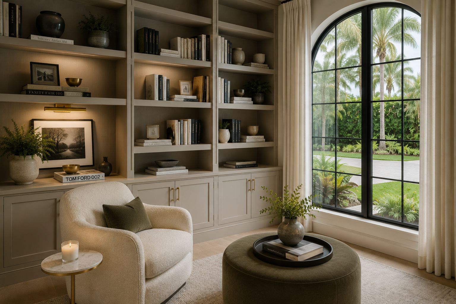 A cozy living room corner with a white armchair, a small round side table with a candle, a large window with black framing showing a garden with palm trees, a built-in bookshelf with decorative items and books, and a green ottoman with a tray and a vase of greenery.