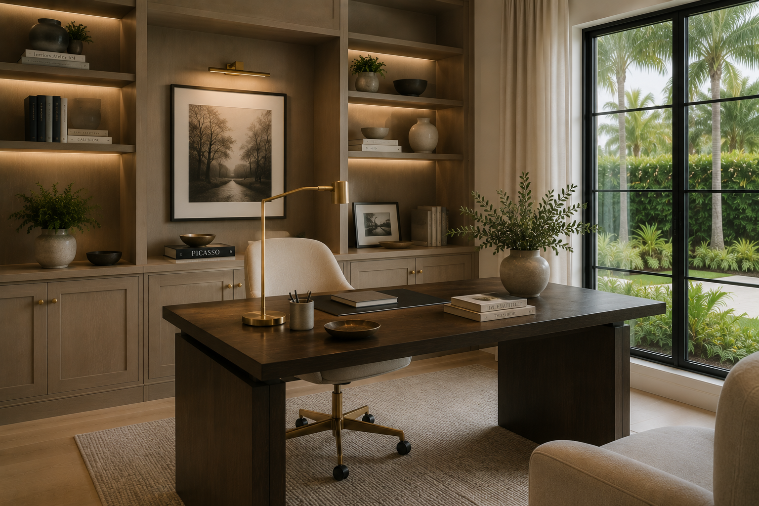 Modern home office with wooden desk, beige chair, built-in shelves with decorative vases and books, framed artwork, and large window overlooking greenery.