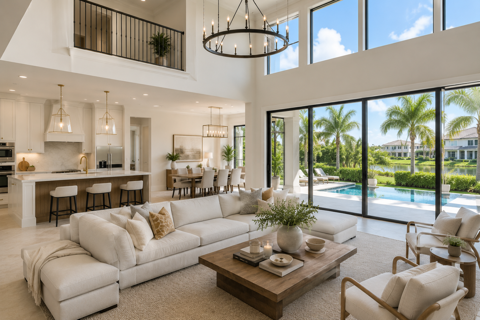 A spacious, modern living room with large sliding glass doors showing an outdoor pool and palm trees.