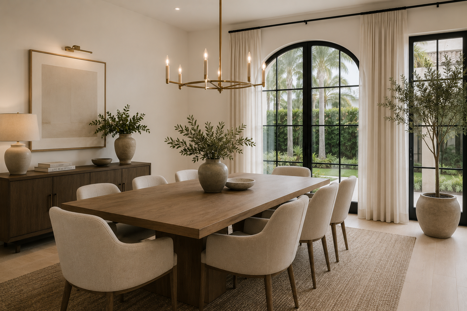 Dining room with a large wooden table, eight beige upholstered chairs, a wooden sideboard with vases and a lamp, a large abstract wall art, a chandelier with candles, white curtains, glass doors showing palm trees outside, and potted plants inside.