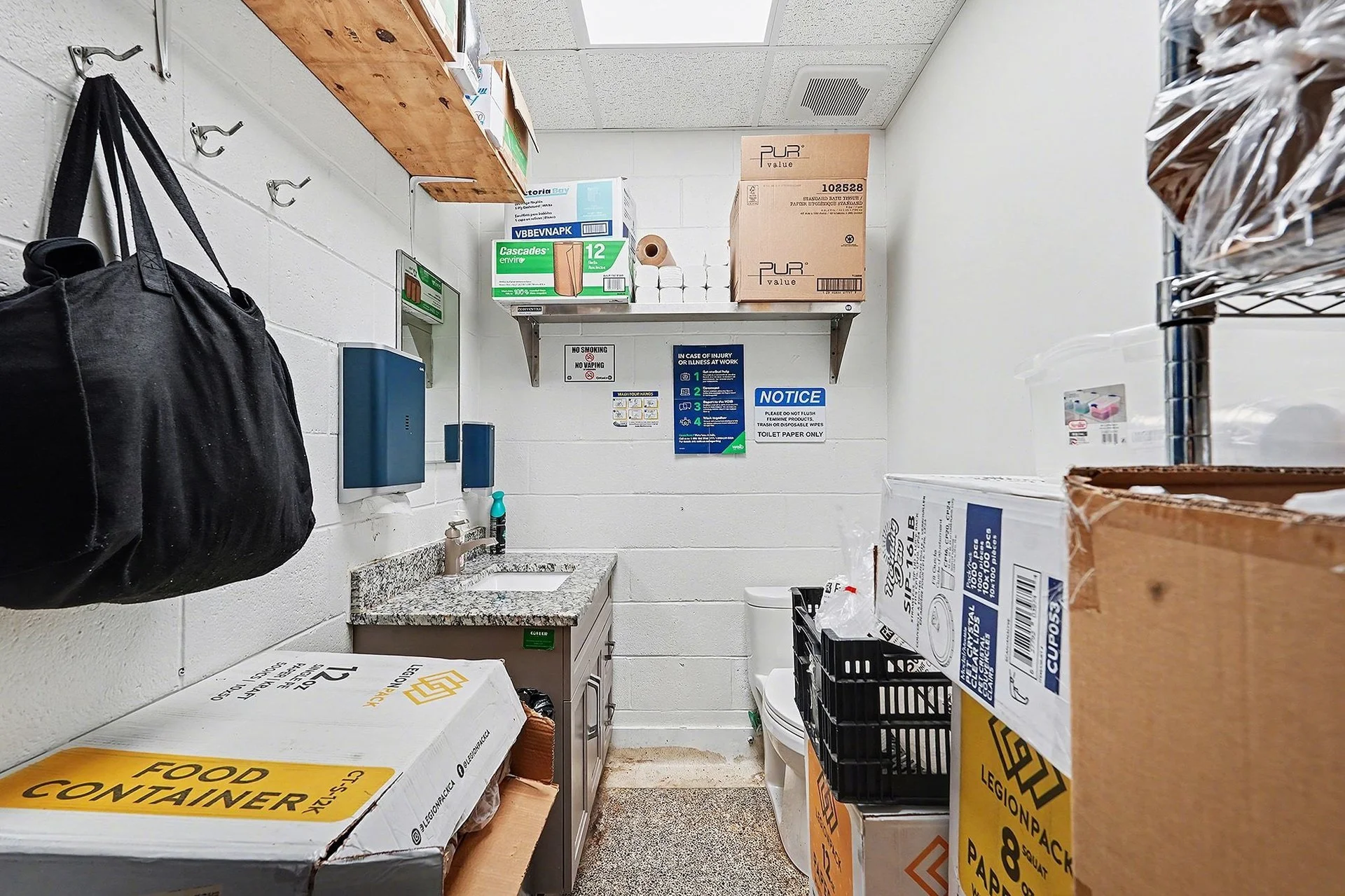Storage room with boxes, cleaning supplies, a sink with countertop, and a toilet in the corner.
