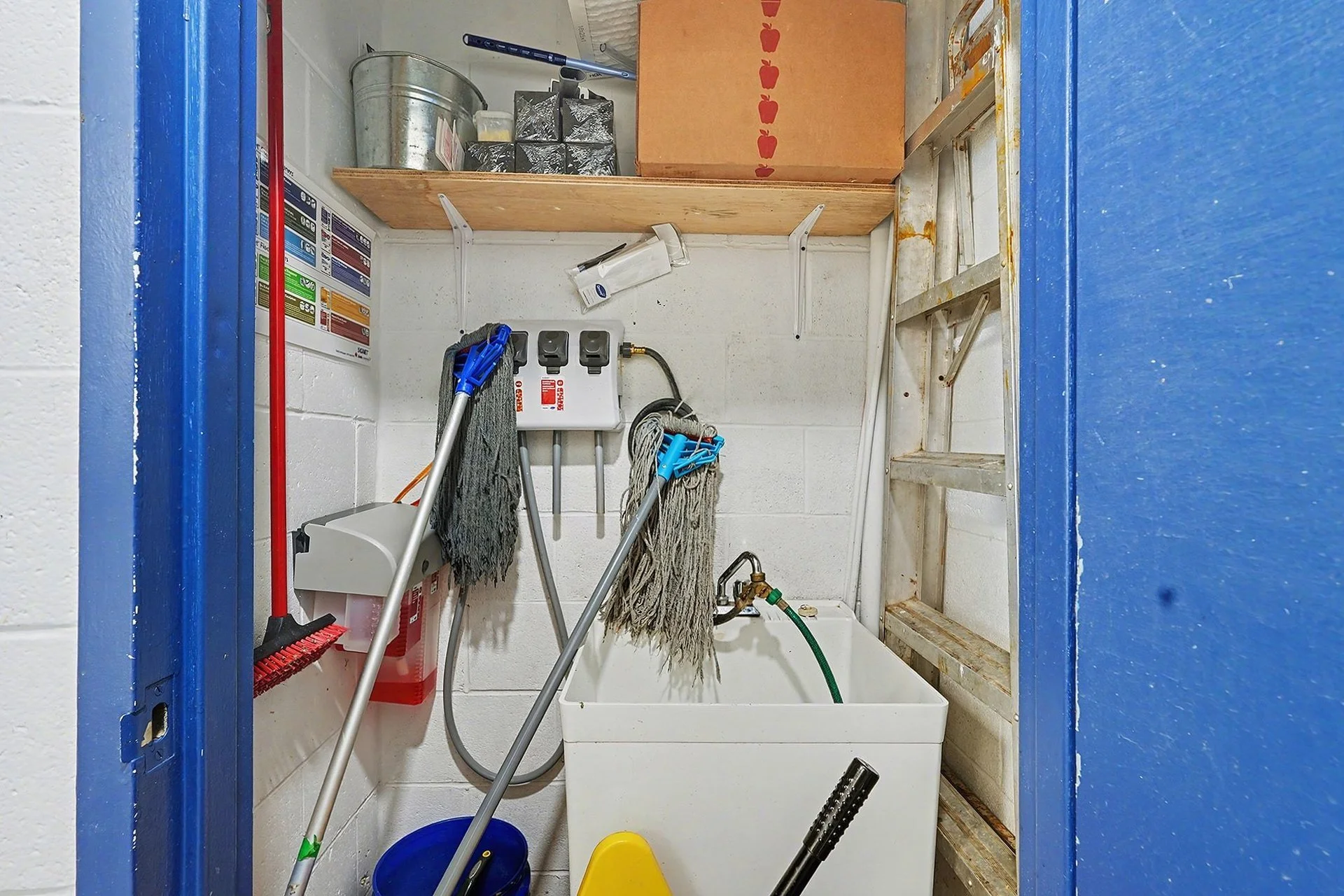 A small utility closet with cleaning supplies, mops, and a utility sink.