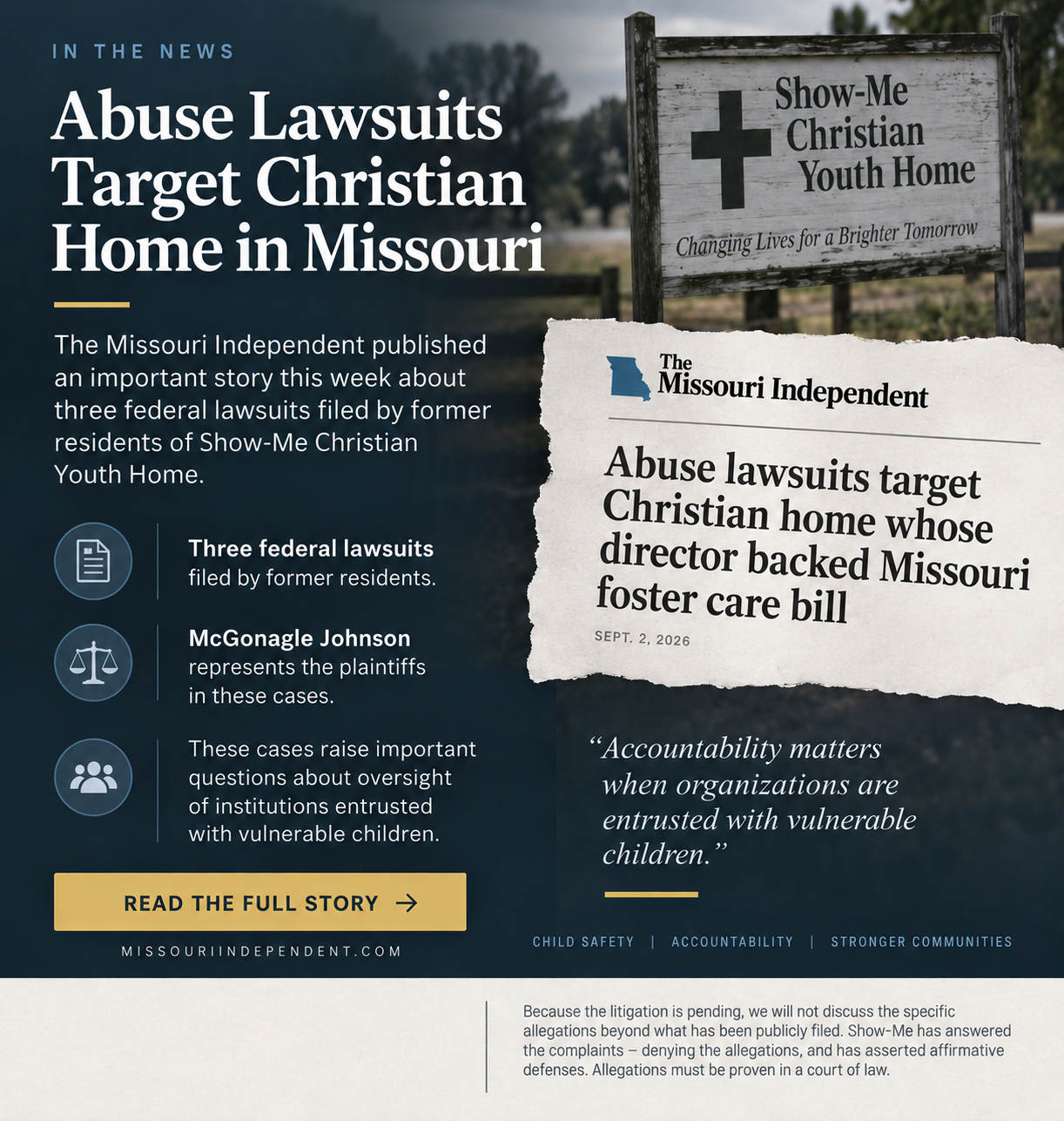 Three McGonagle Johnson clients’ lawsuits against Show-Me lead to a broader story published in the Missouri Independent.