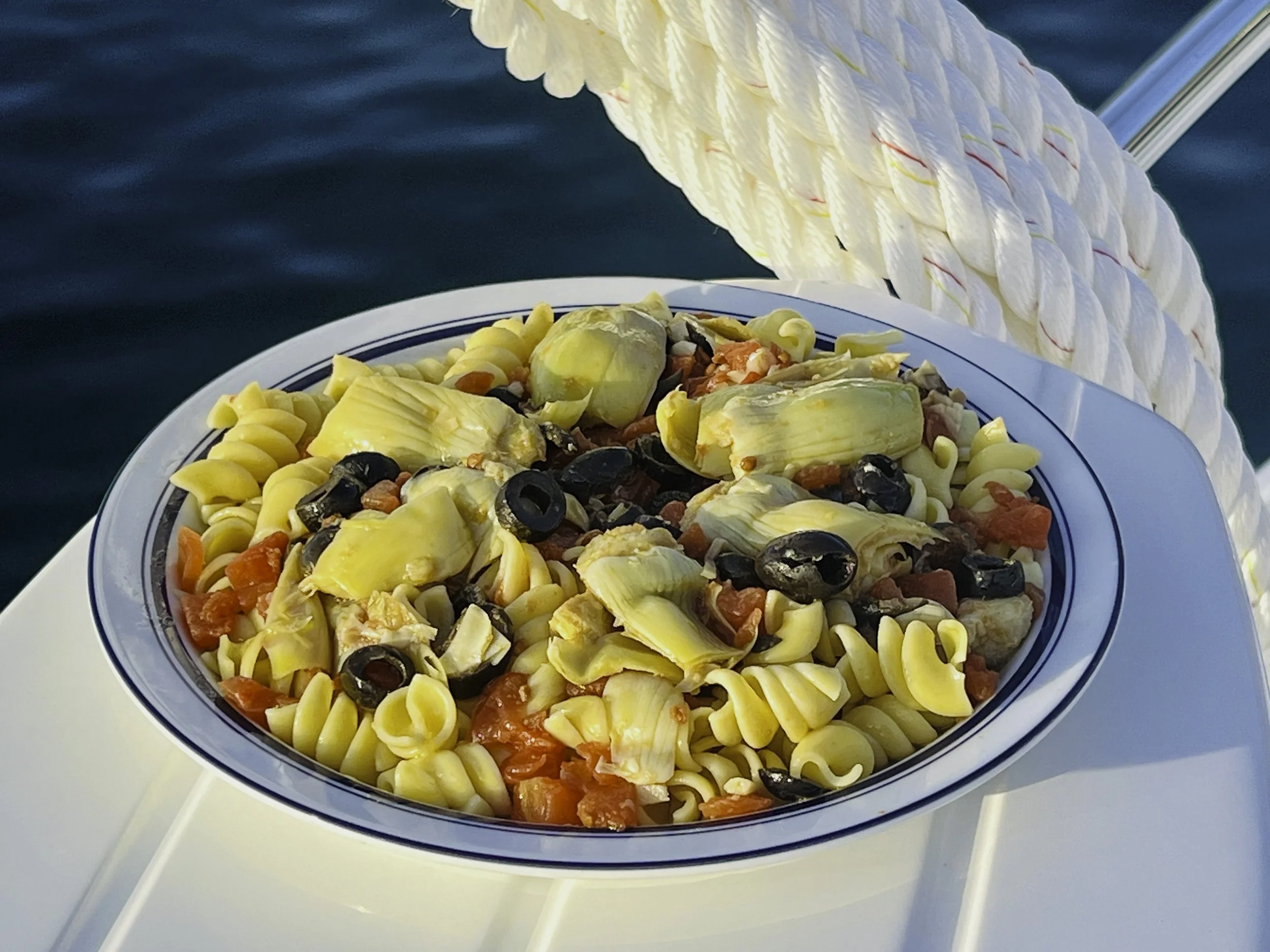 Artichoke Pasta, a healthy Vegetarian meal for boat charters