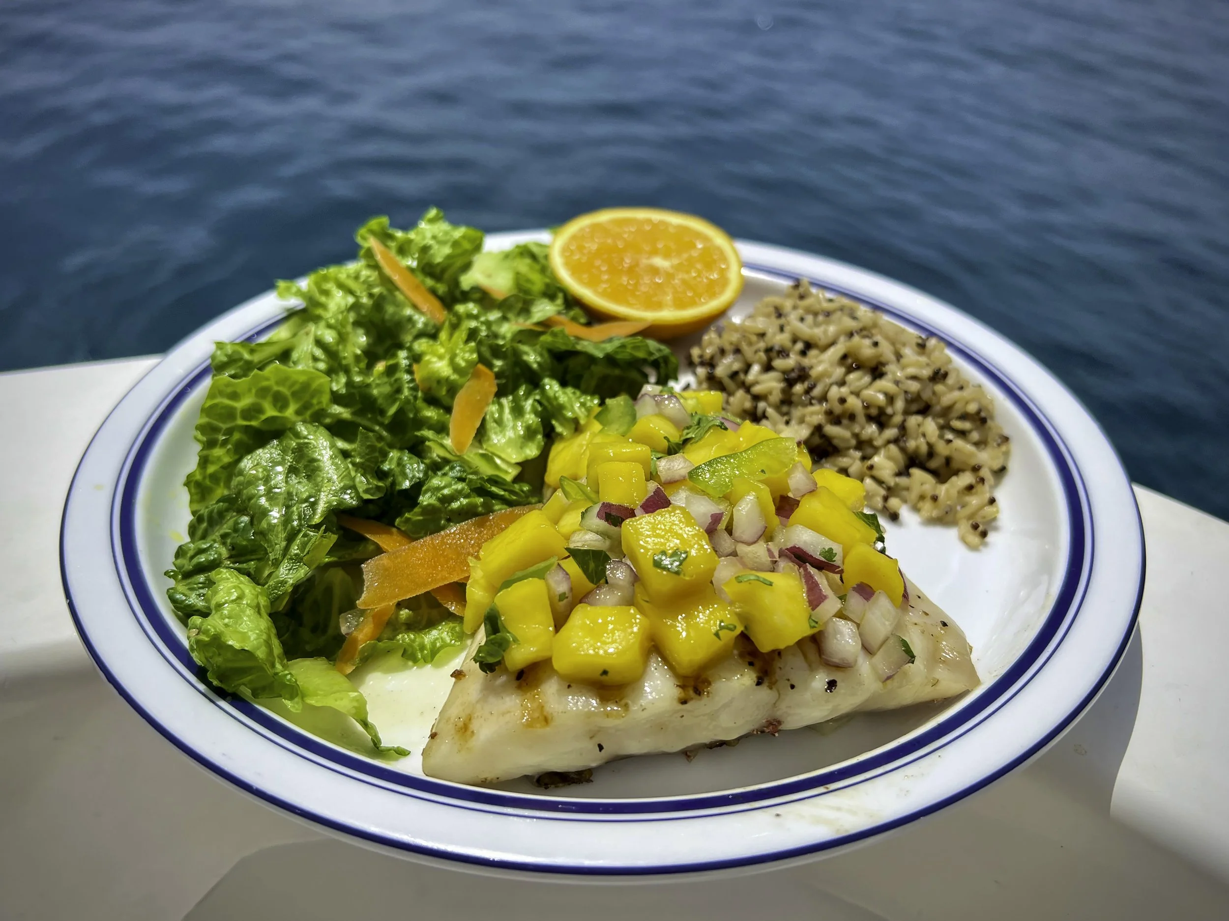 Grilled Fish with Mango Salsa, a simple boat meal