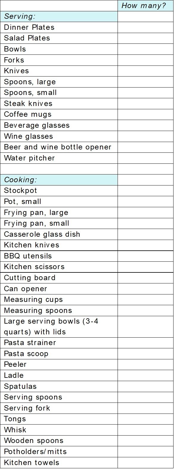 A detailed list of kitchen and dining items, divided into sections for serving and cooking. The serving section includes plates, bowls, utensils, glasses, bottles, and bottle openers, while the cooking section lists pots, pans, knives, utensils, and various kitchen tools.