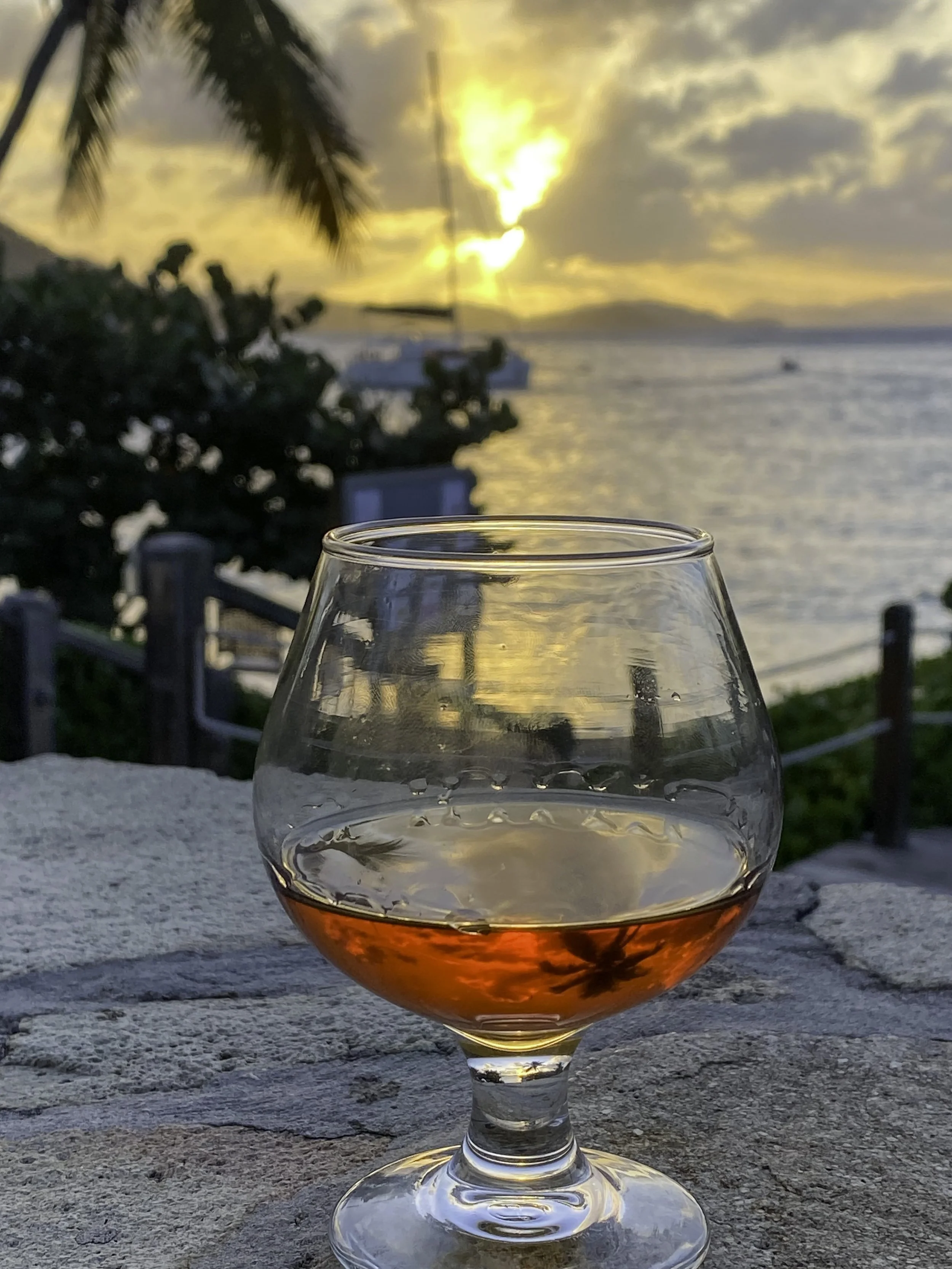 A glass of Rosé wine on a stone surface with a sunset view over the water, palm trees, and boats in the background.