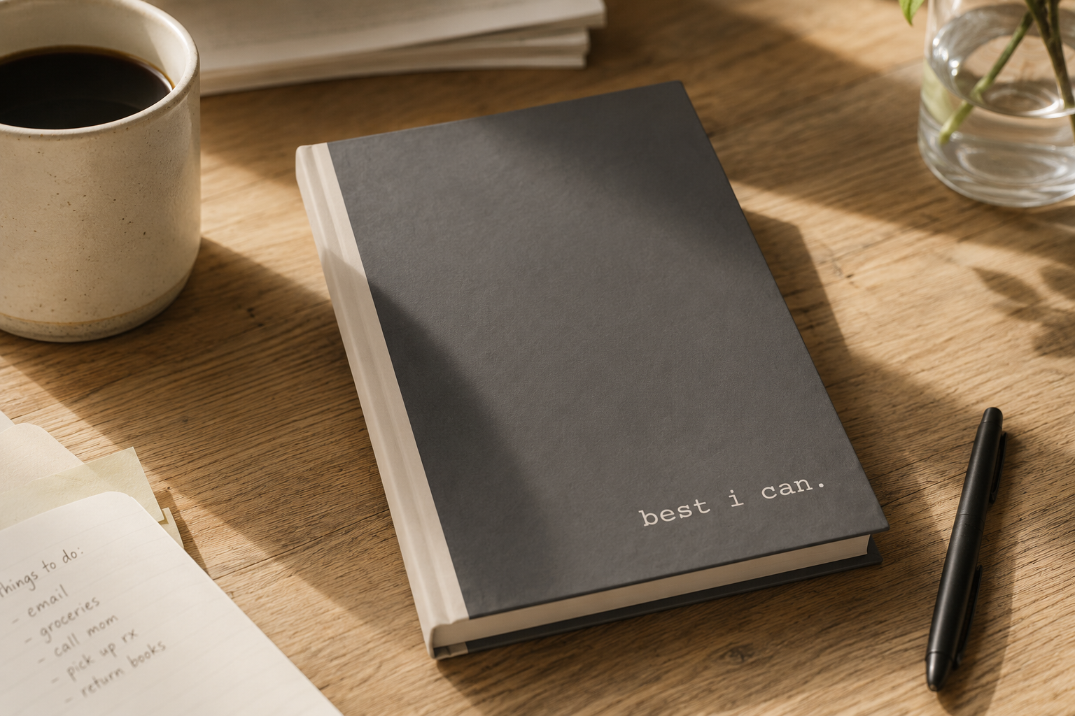 best i can blank notebook with a pen on a wooden table in soft natural morning light