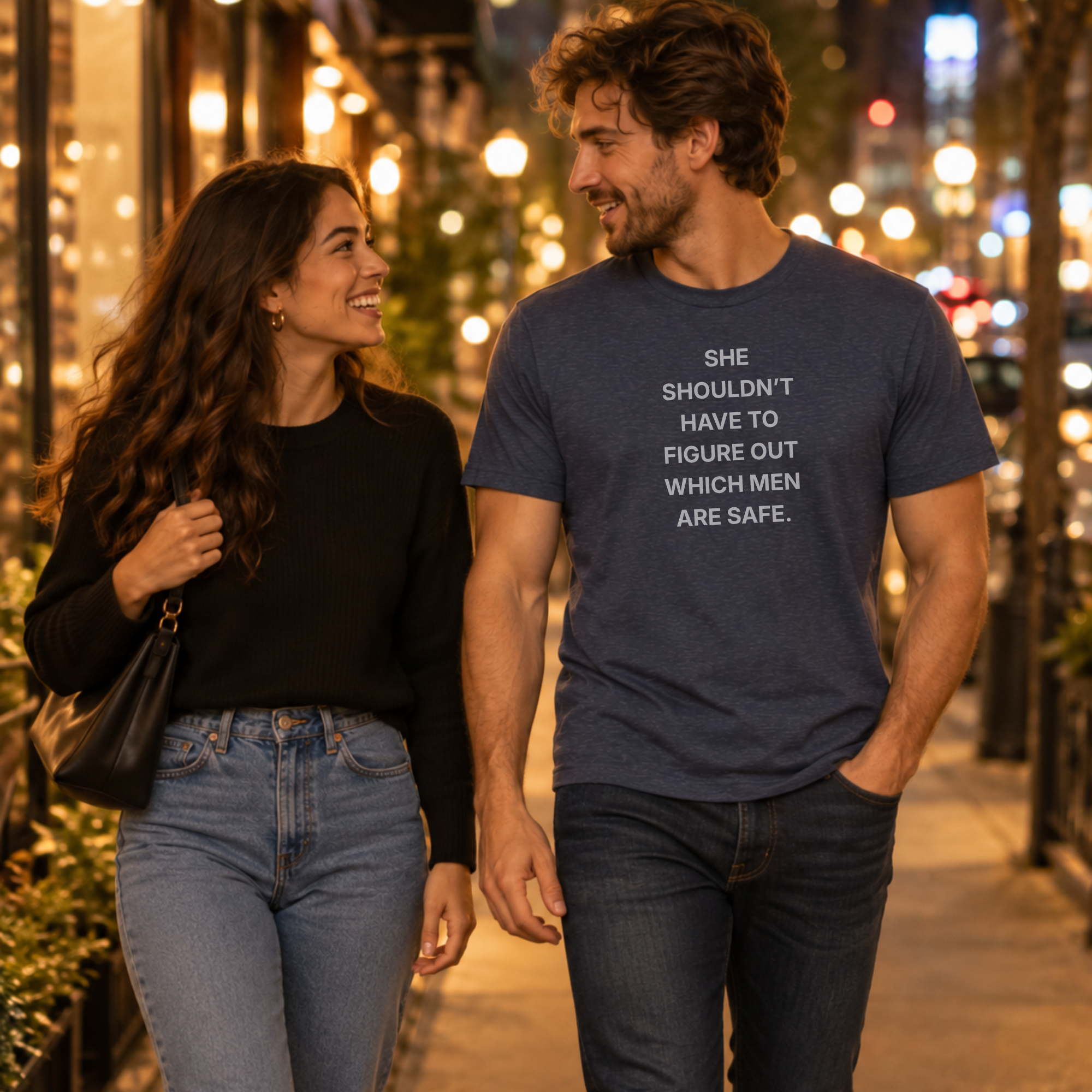 man wearing the navy she shouldn't have to figure out which men are safe. t-shirt