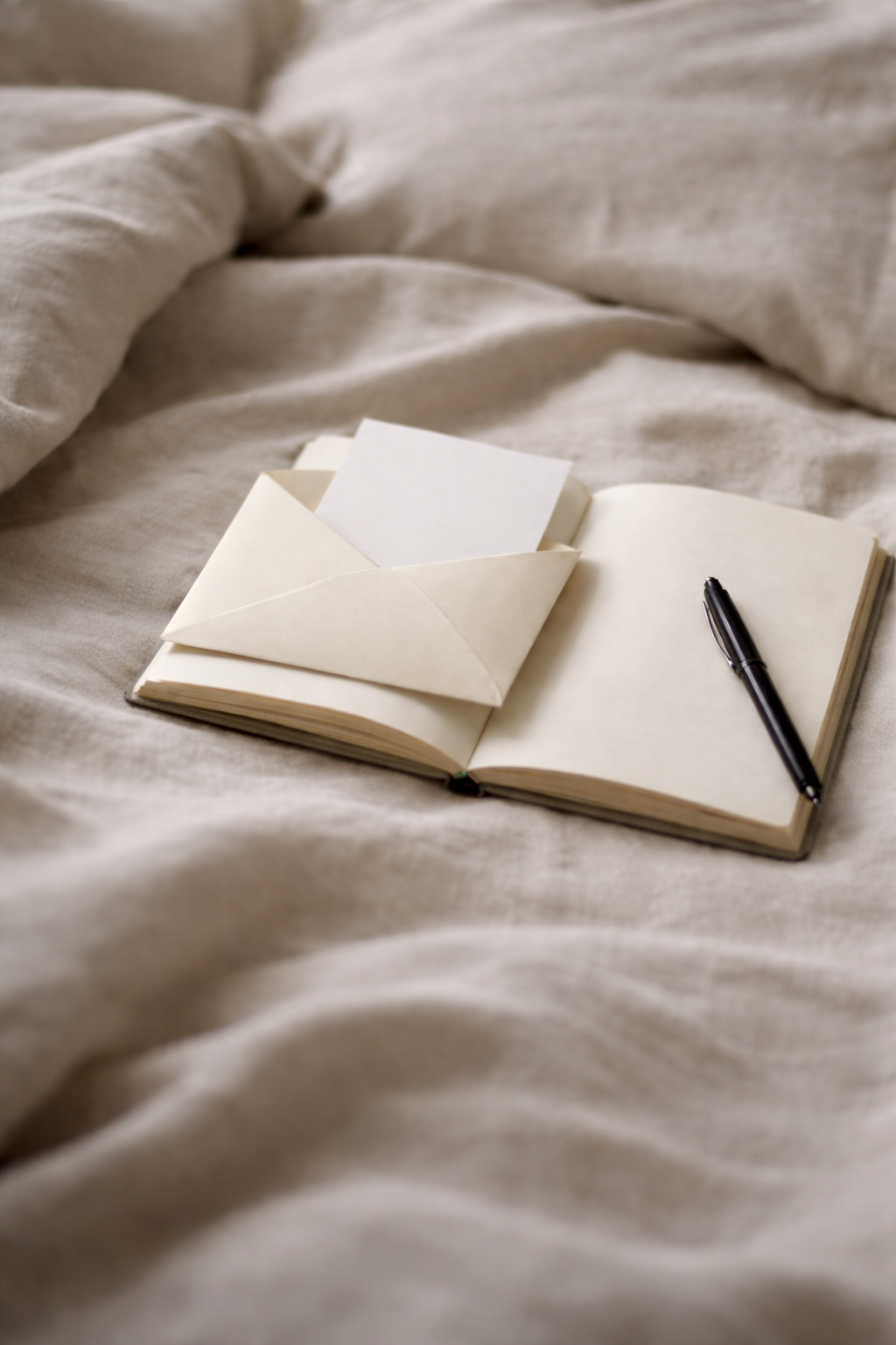 cover image for “asking for help” — an open notebook with a pen and envelope on a bed