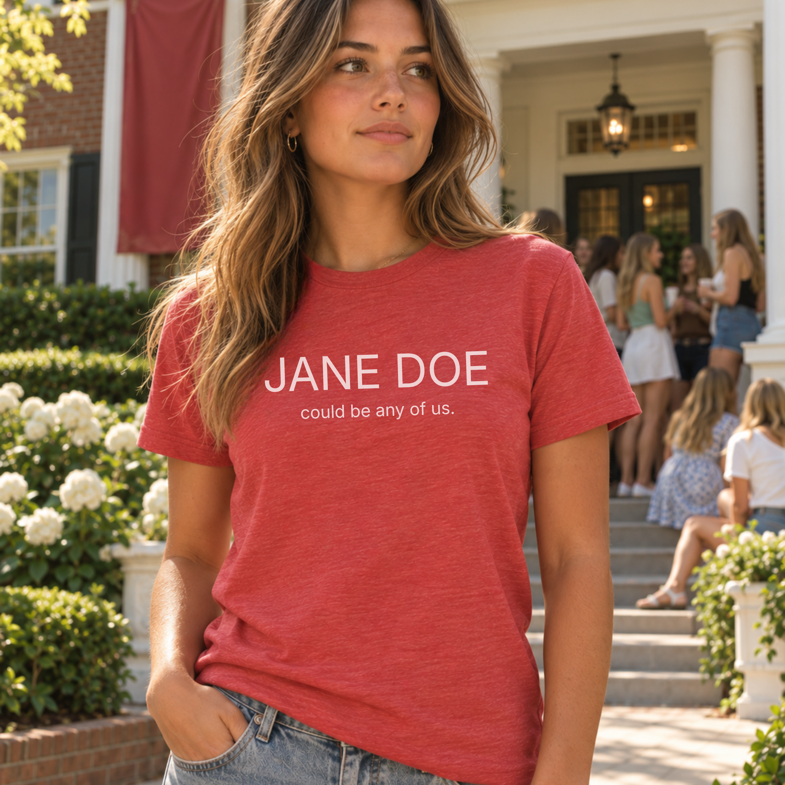 woman wearing the red jane doe could be any of us. t-shirt