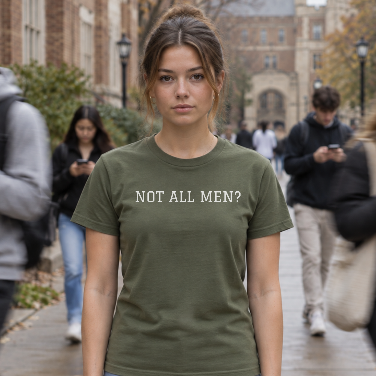woman wearing the green not all men? t-shirt