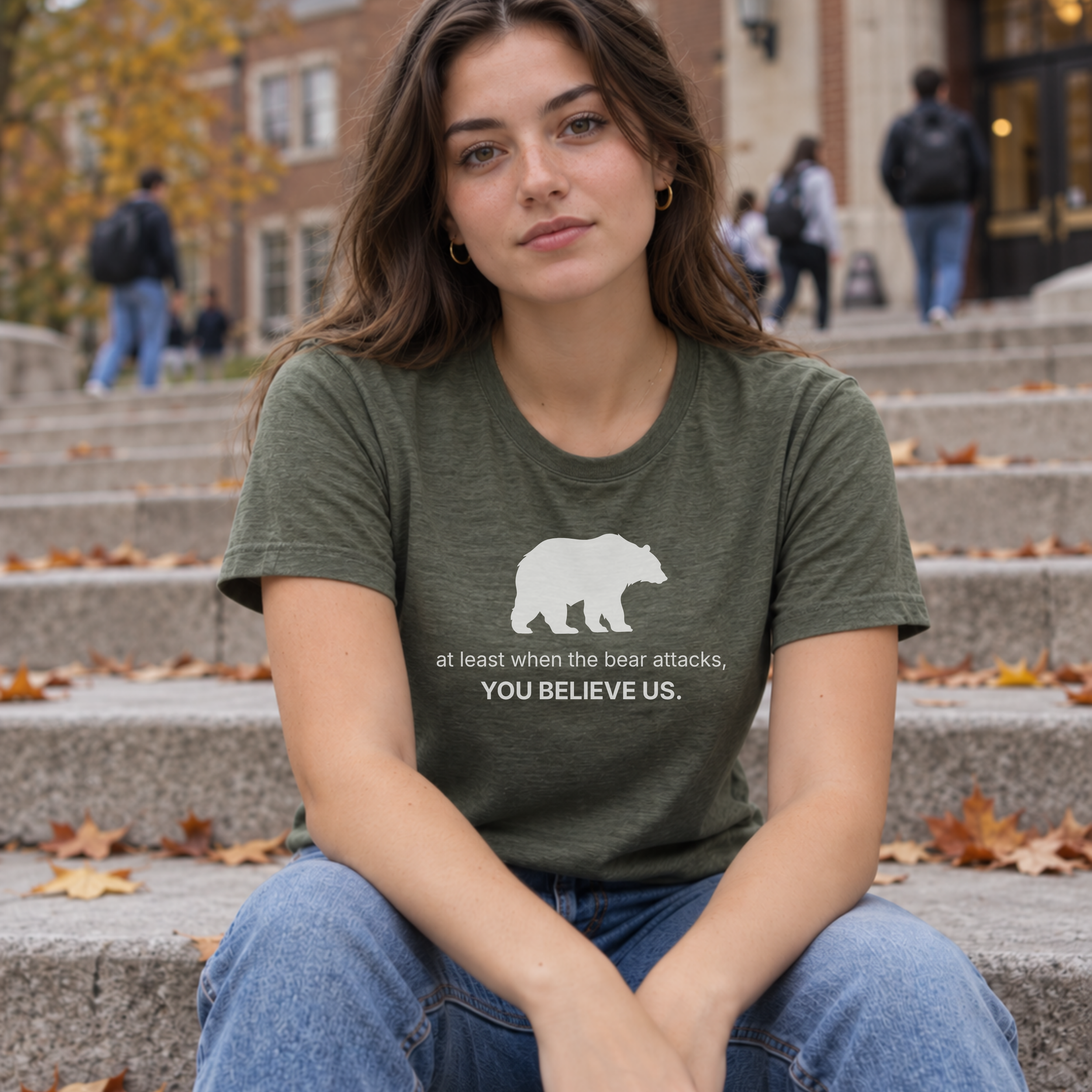woman wearing the green i choose the bear t-shirt