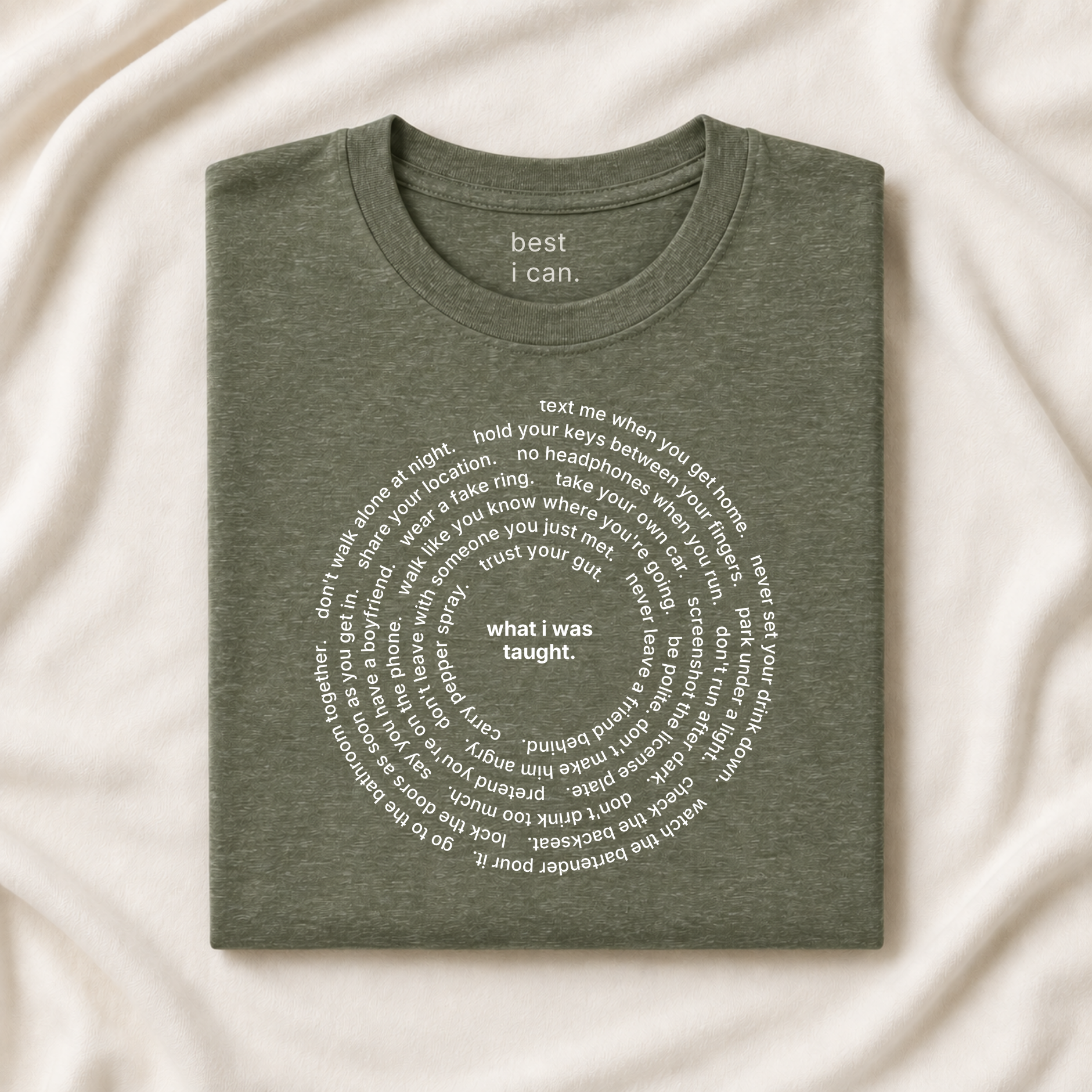 what i was taught. t-shirt in heather military green, folded