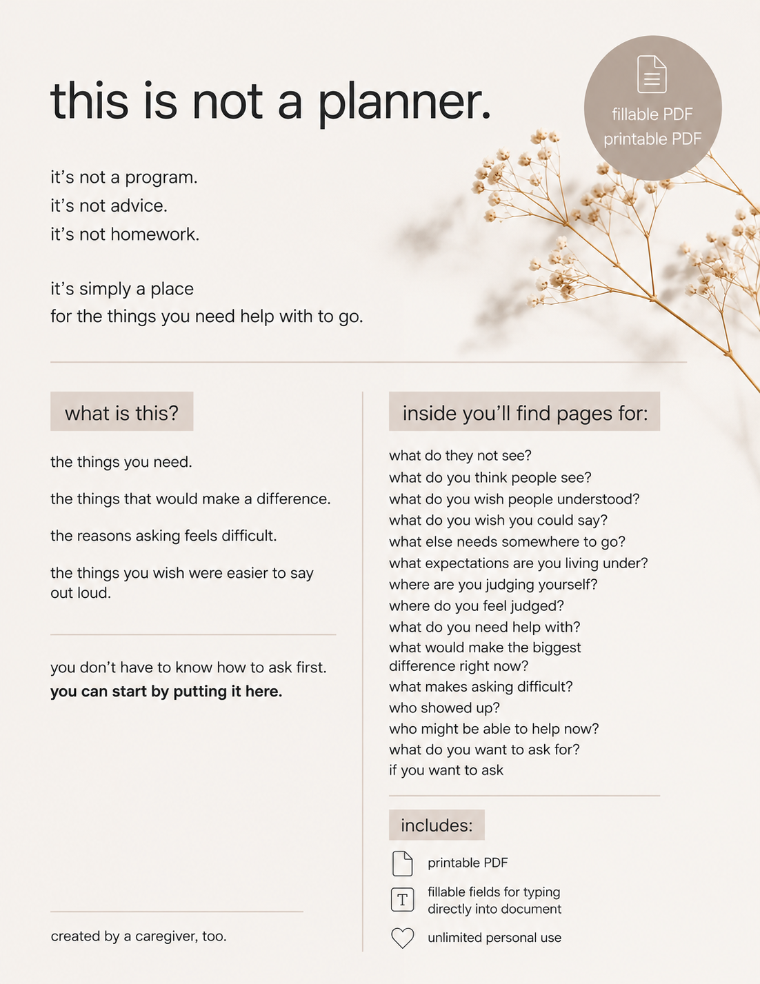 Caregiver digital download includes printable PDF and fillable workbook