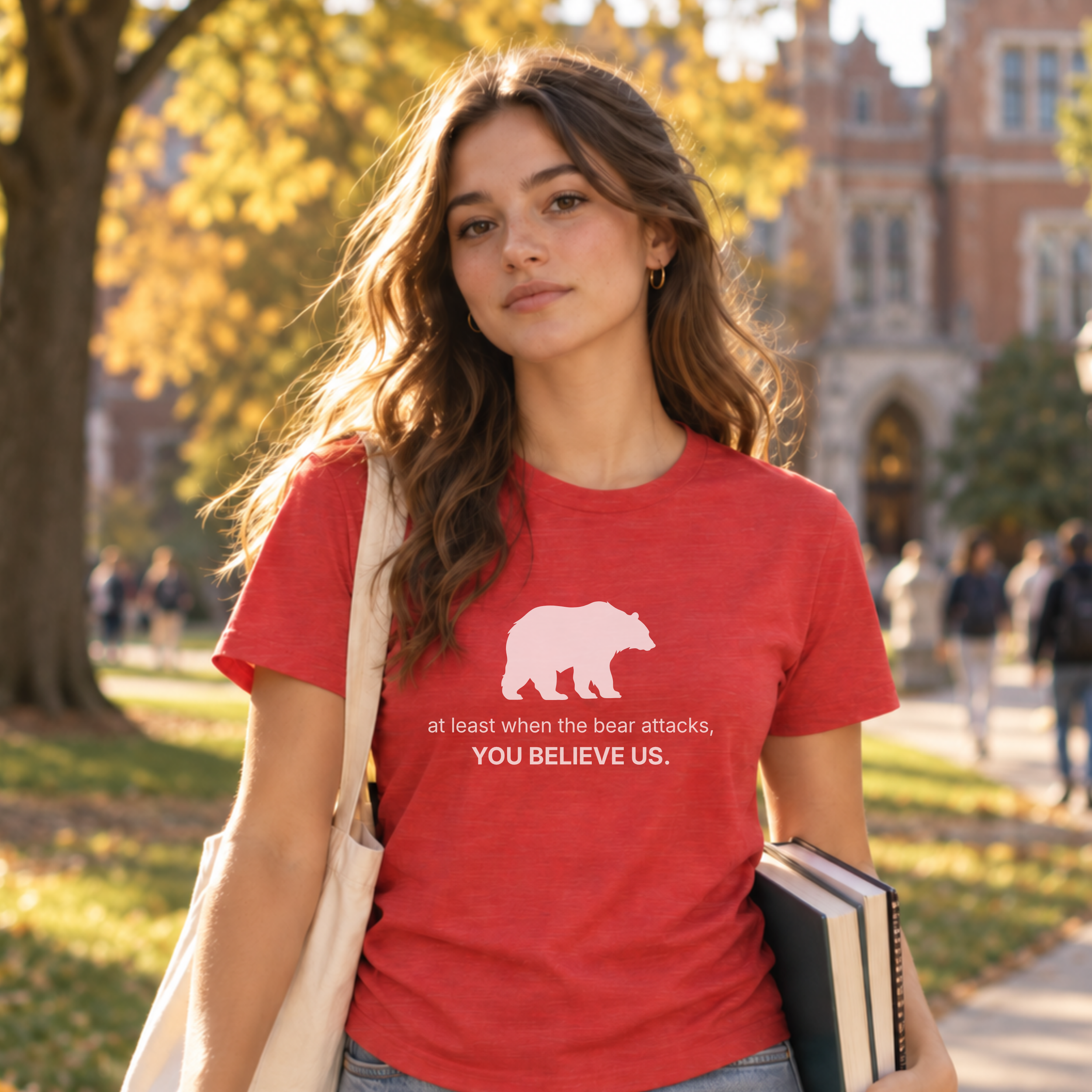 woman wearing the red i choose the bear t-shirt