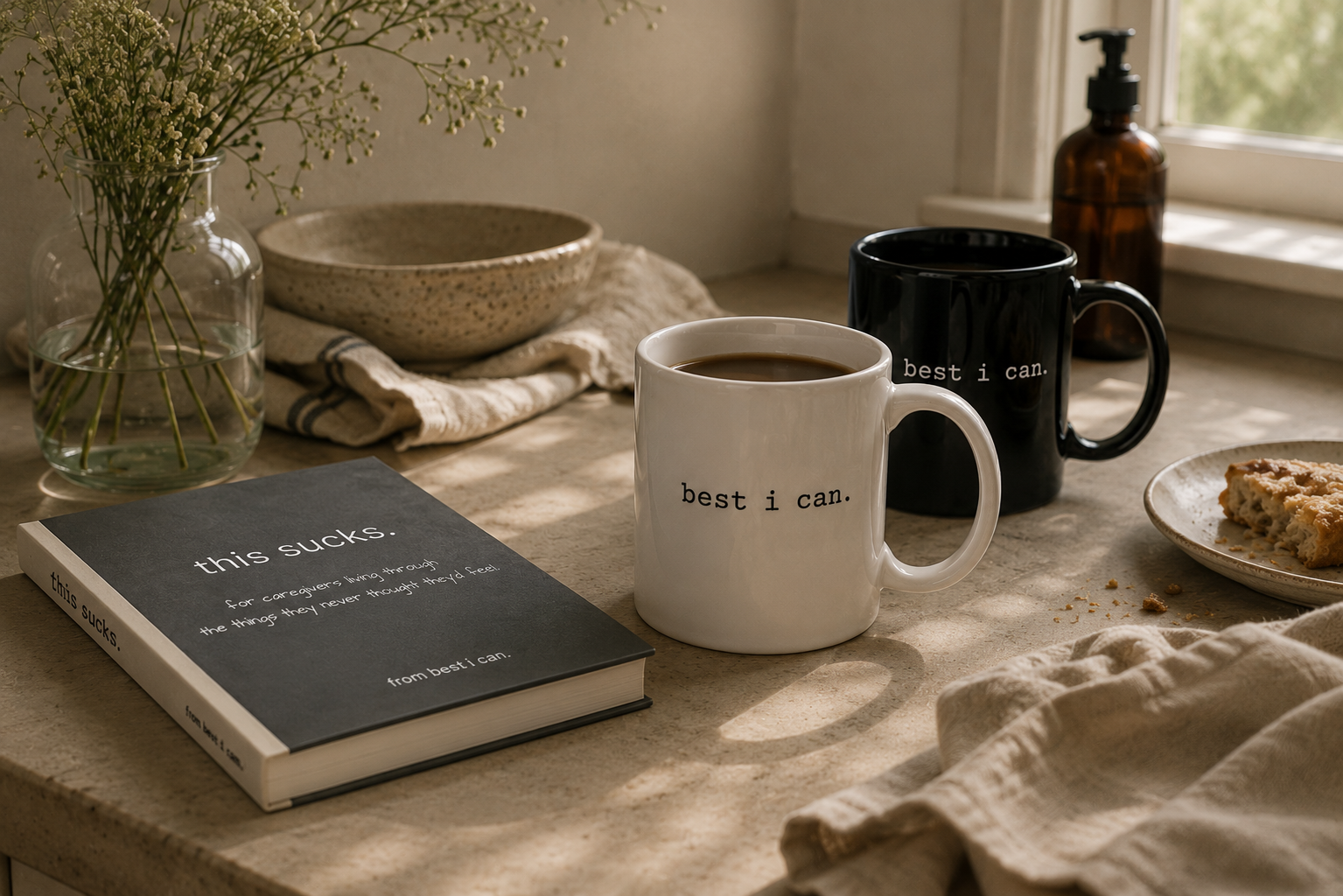 black and white best i can ceramic mugs beside the this sucks. companion notebook on a sunlit table
