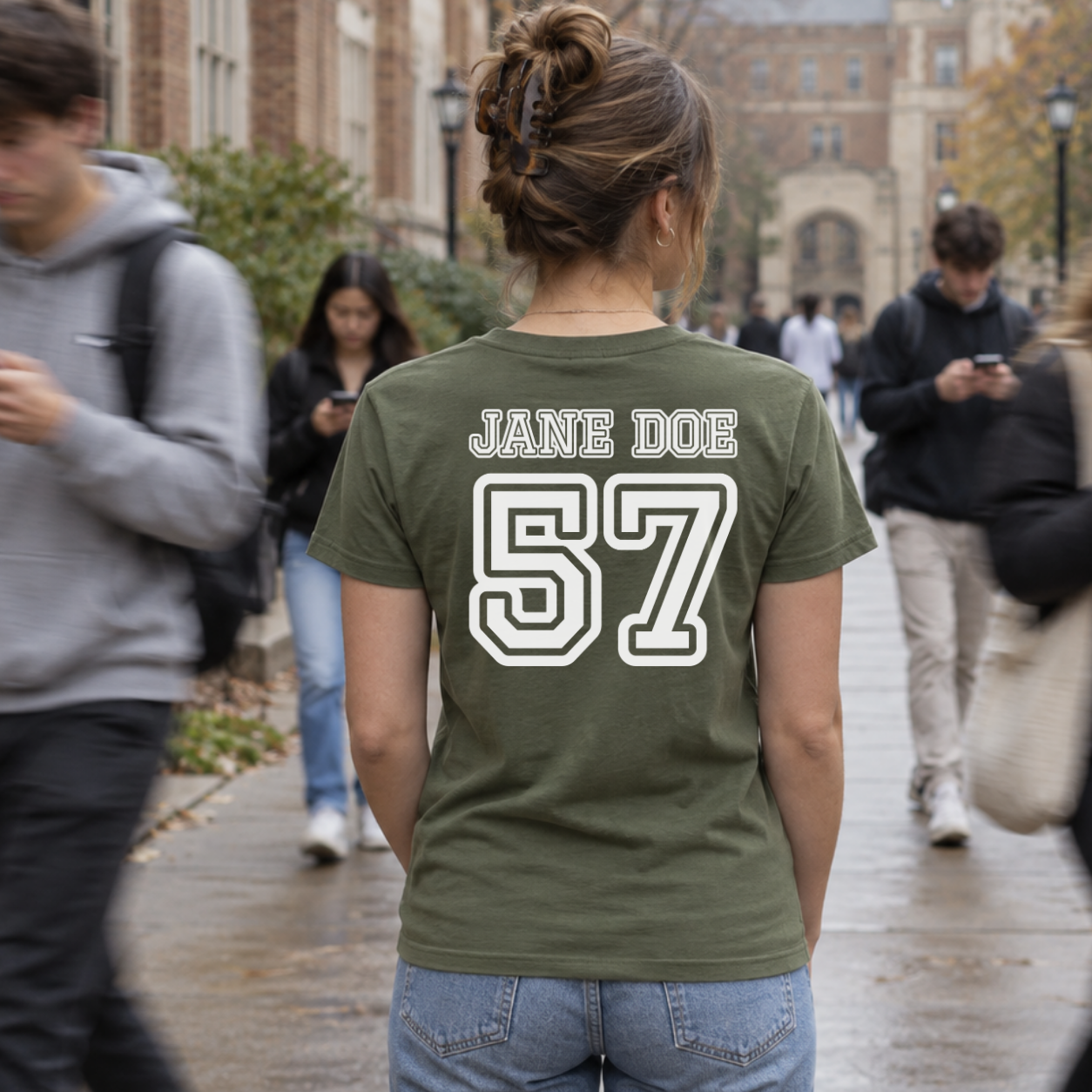 woman wearing the green t-shirt, back view: jane doe 57