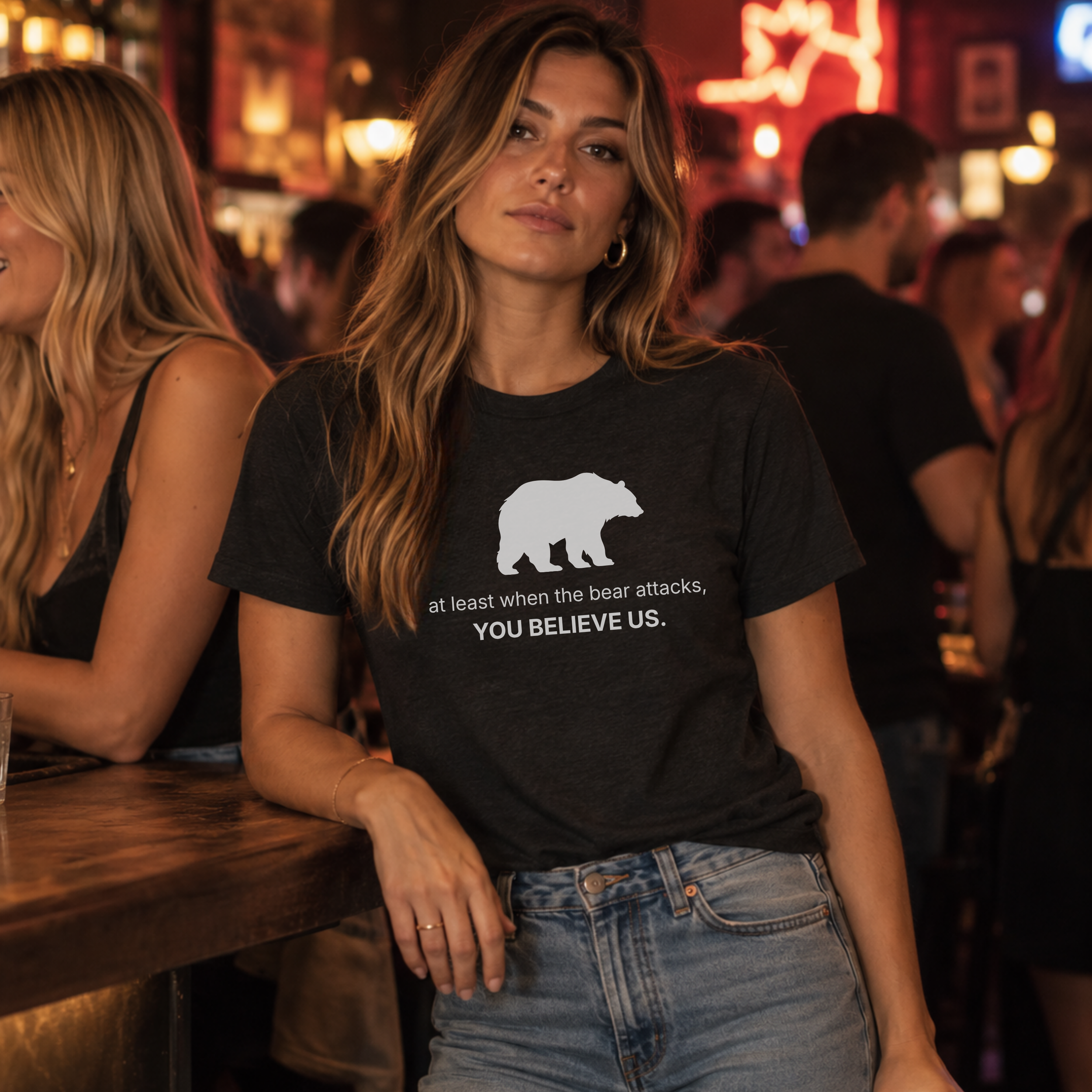 woman wearing the i choose the bear t-shirt