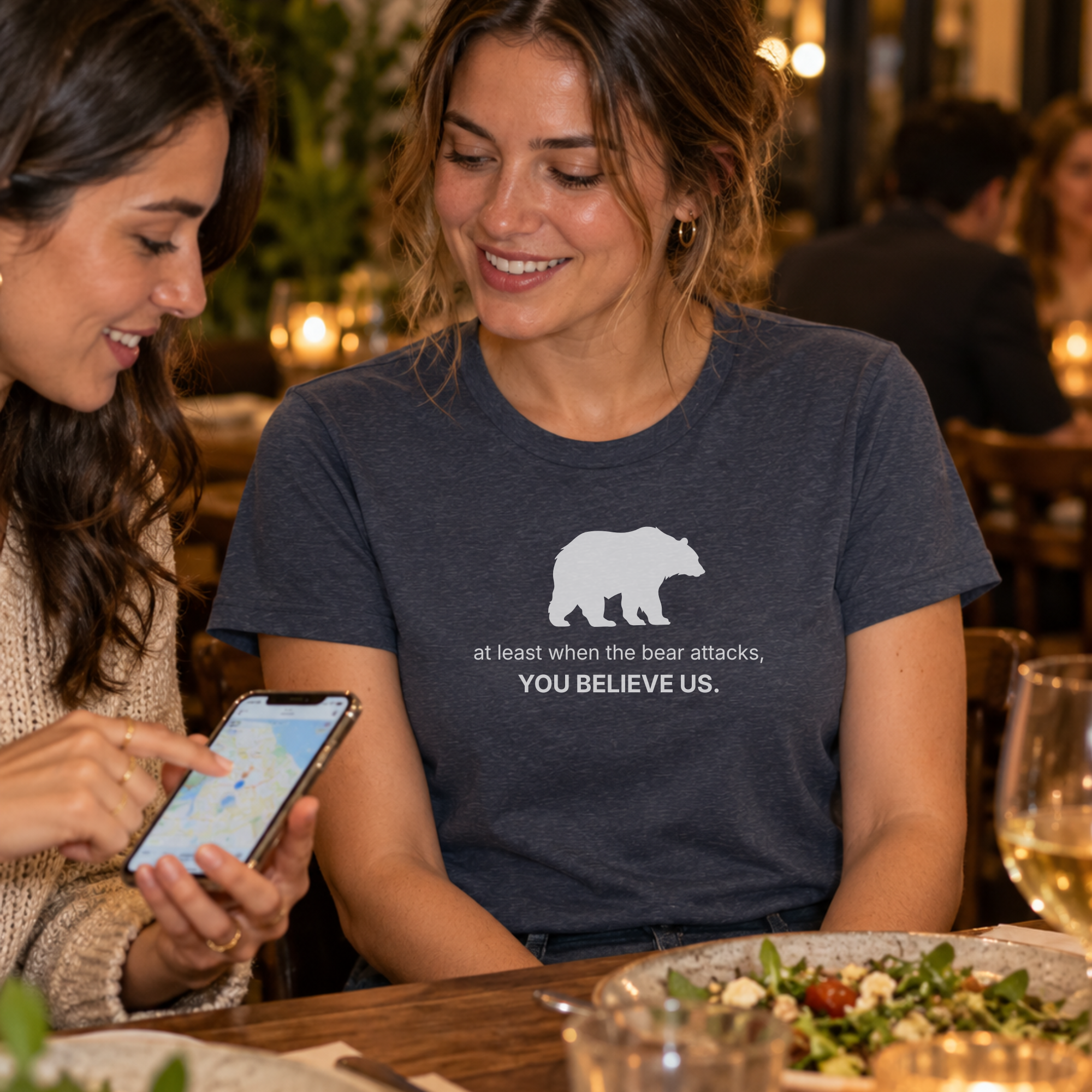 woman wearing the navy i choose the bear t-shirt
