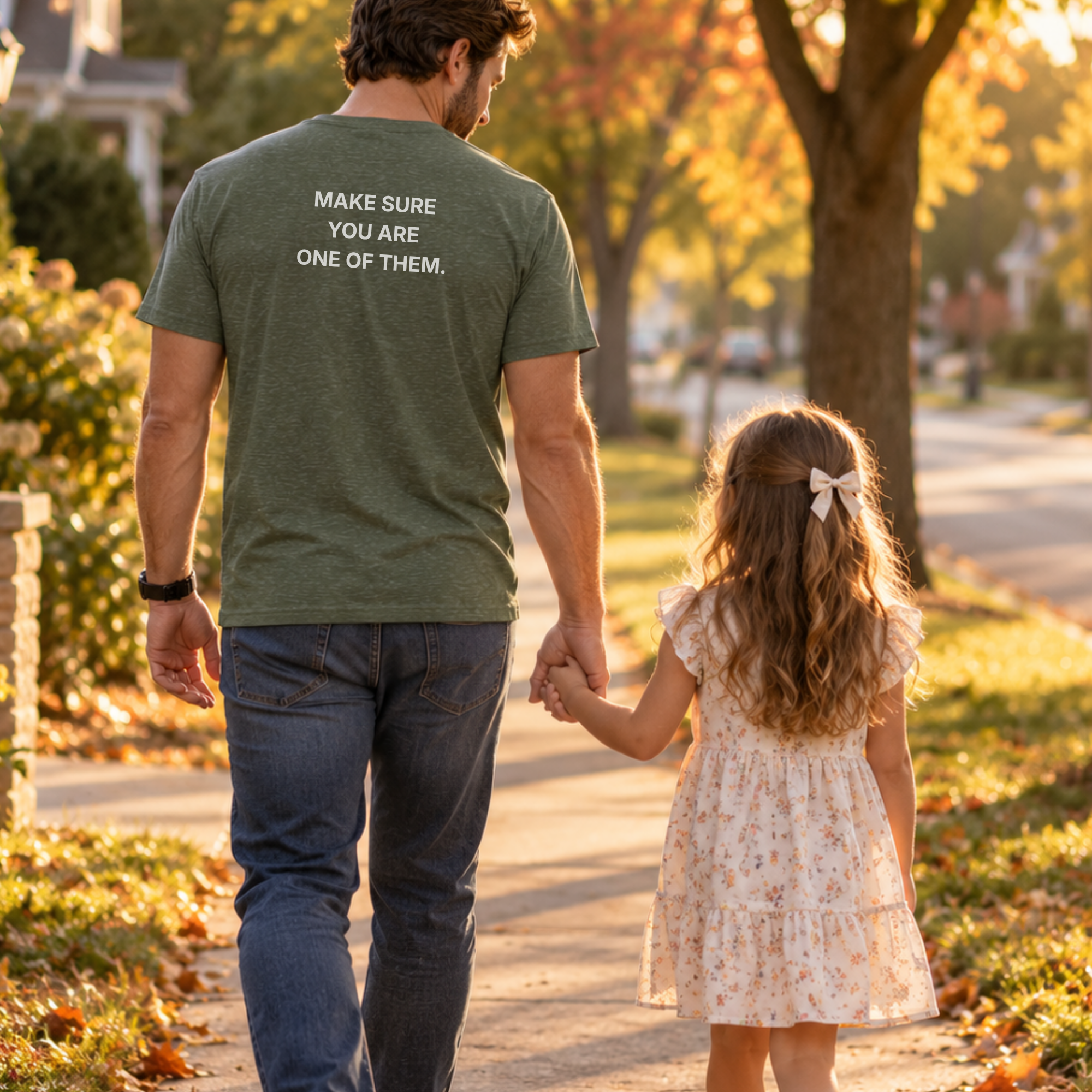 man and his daughter walking, his t-shirt back reads make sure you're one of them.
