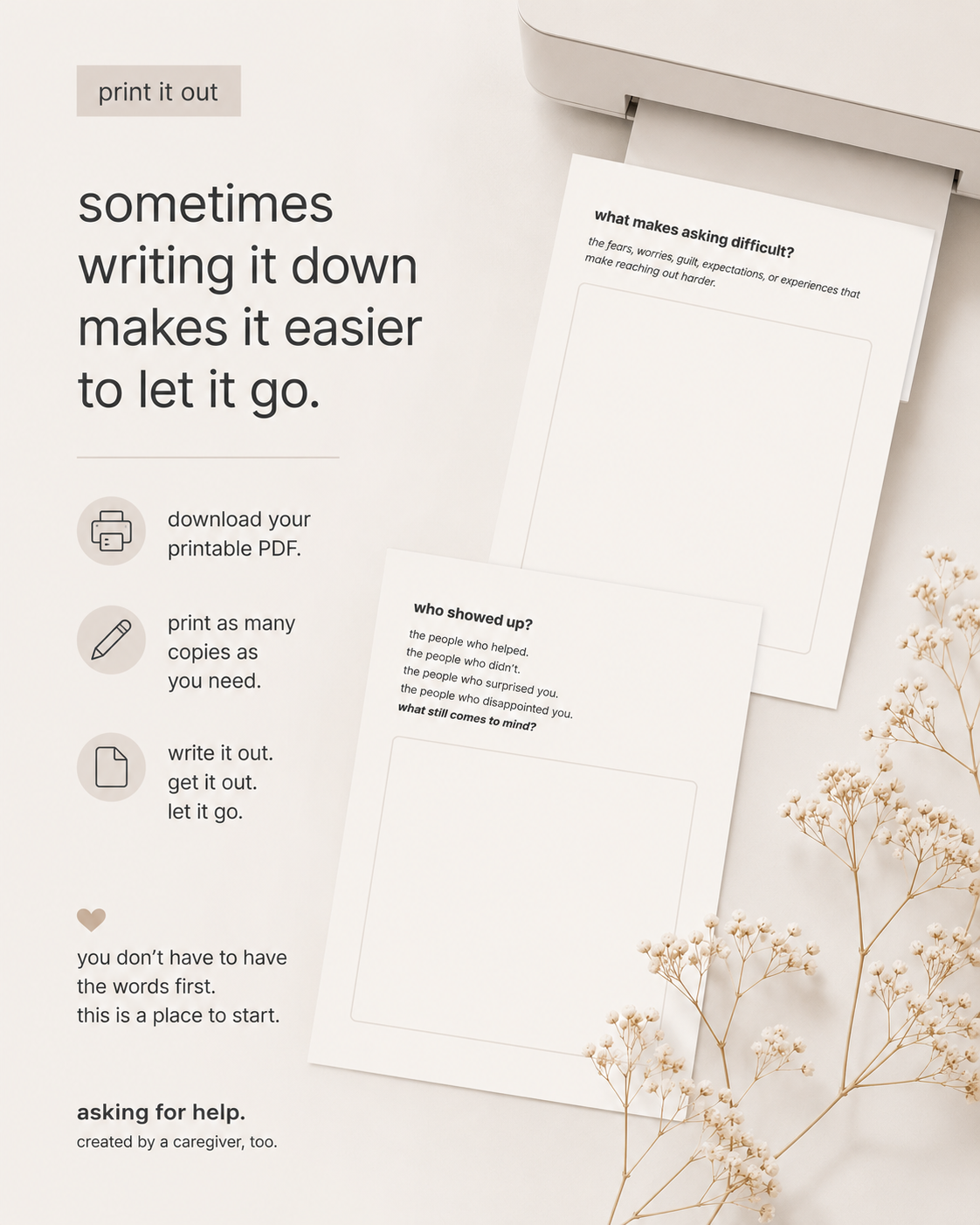 printable caregiver workbook pages for writing and reflection