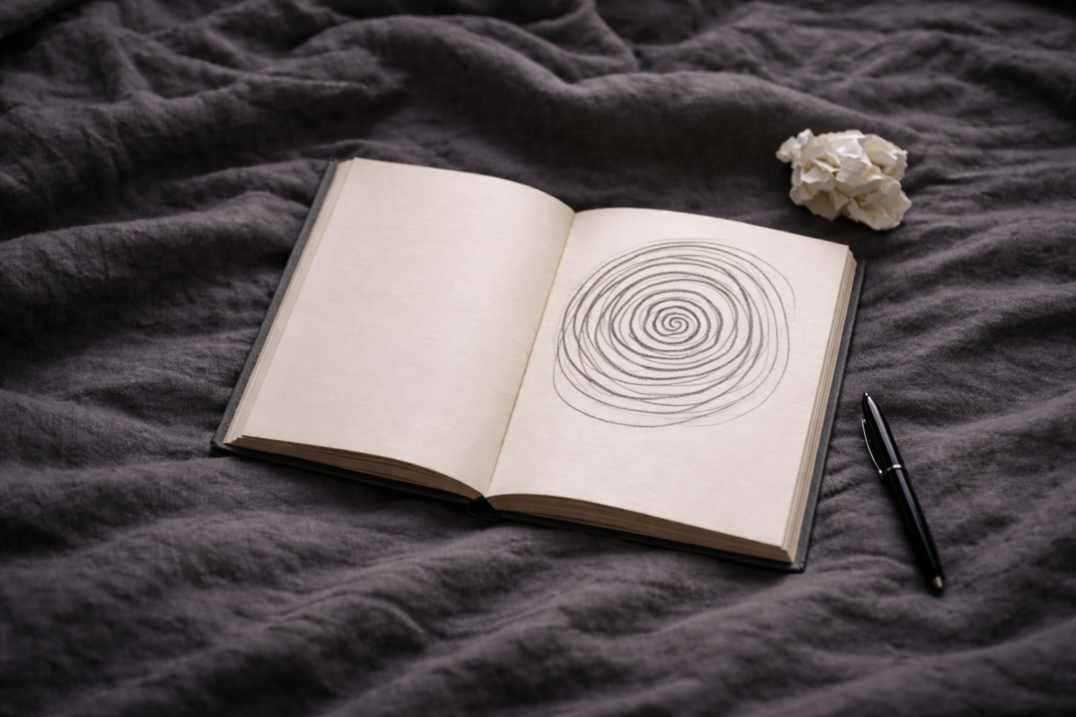 Open notebook on dark fabric with a hand-drawn spiral on one page.