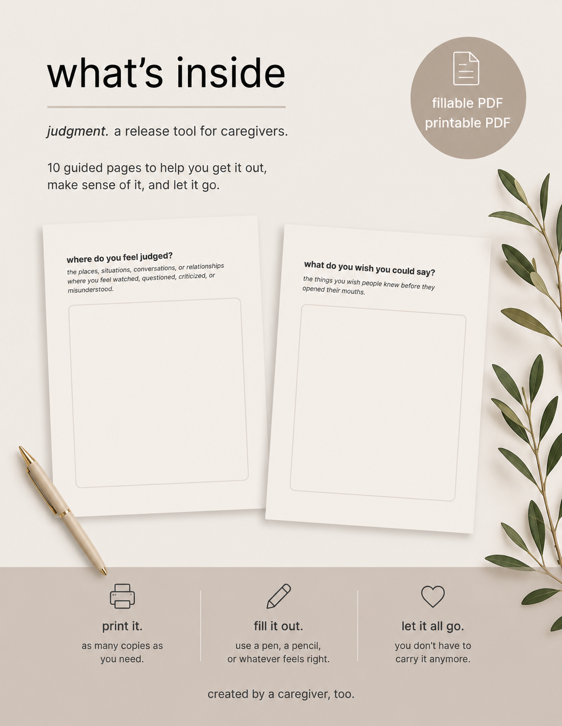 Printable caregiver worksheet about feeling judged and self-judgment
