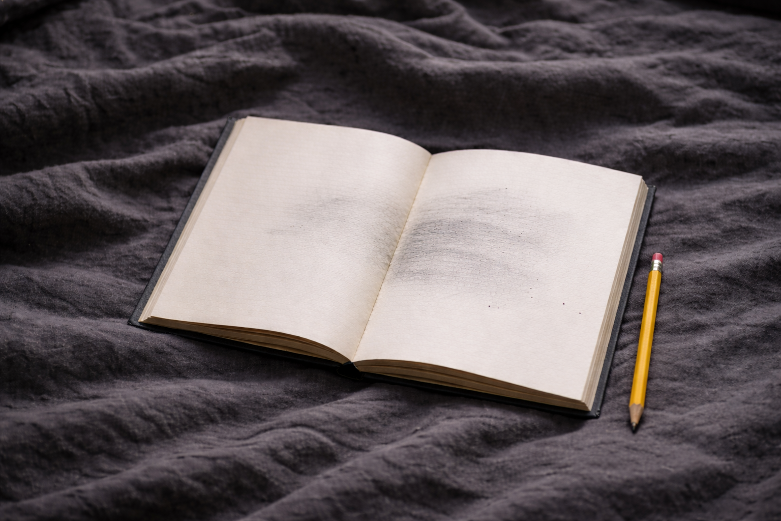 Open notebook with pencil resting beside it on dark fabric.