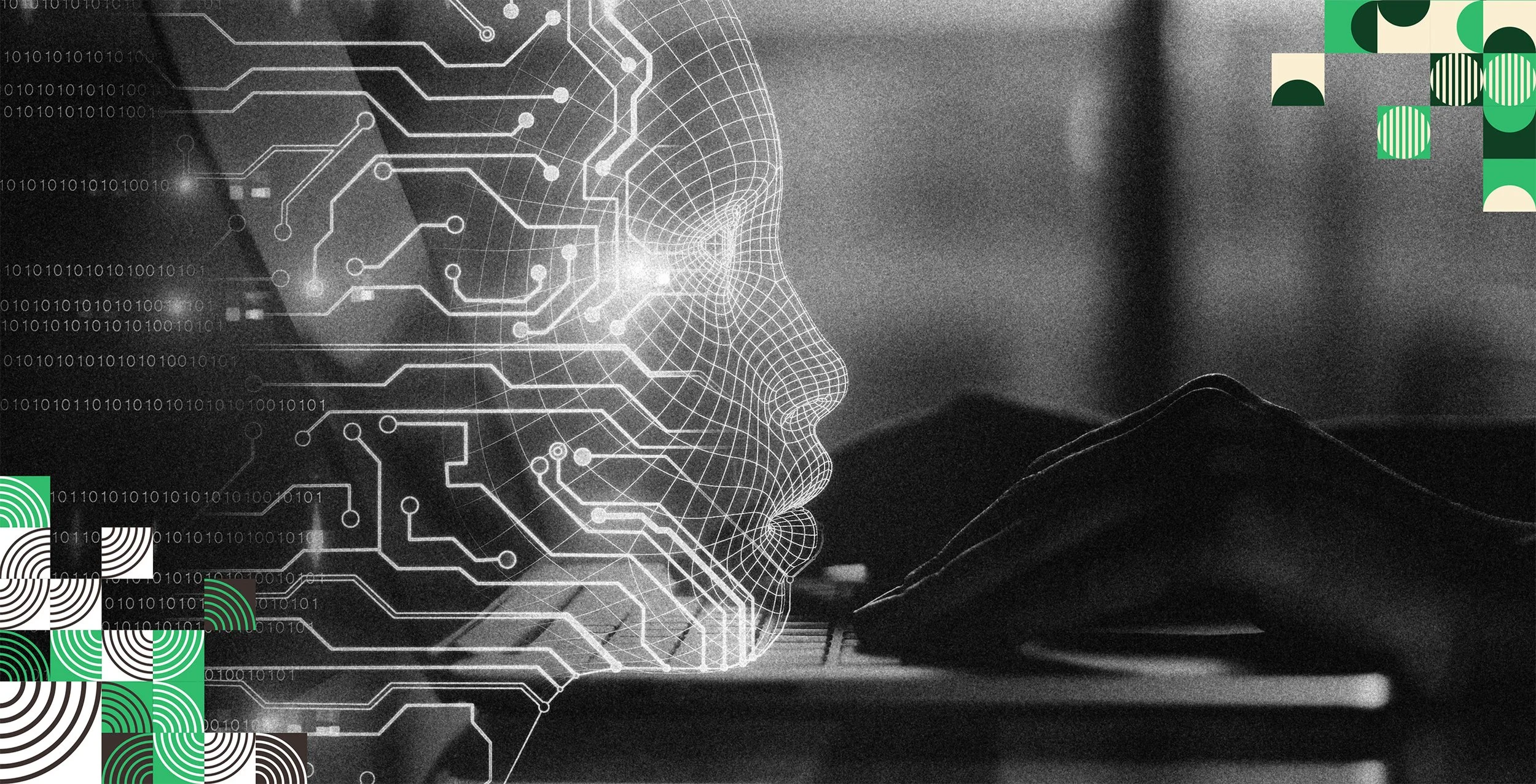 A digital illustration of a human face in profile, created with wireframe lines, with circuits and binary code overlay, indicating artificial intelligence or technology.