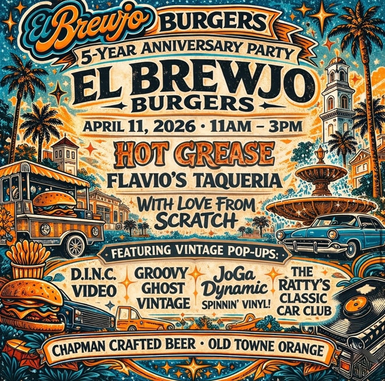 Join us this weekend in Orange! 🍊 

Our friends over @elbrewjo are celebrating 5 years of serving up delicious smash burgers and are throwing a birthday bash! Join us @chapmancrafted for a day of Music, Cars, Vintage Goods, Great Beer and of course 