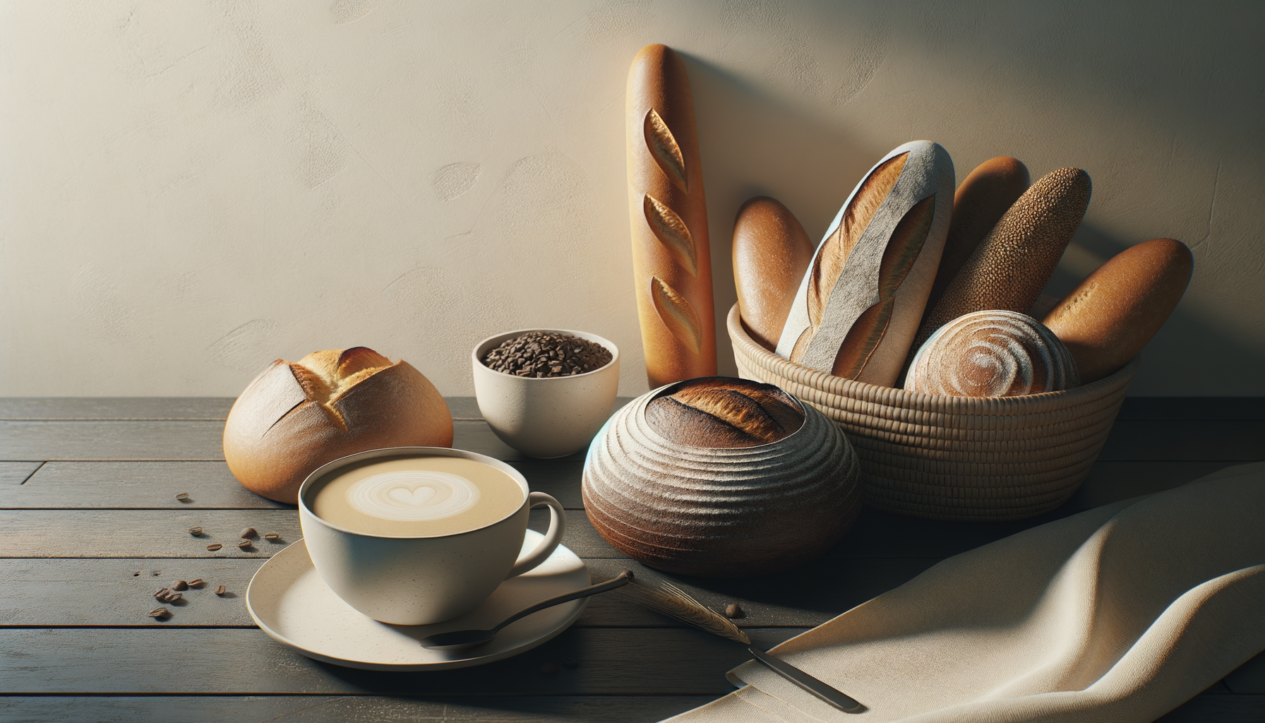 A cup of coffee with latte art, a small bowl of coffee beans, a loaf of bread, and a basket of assorted bread on a wooden table with a beige cloth and spoon.