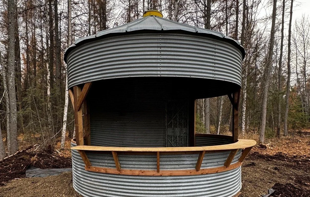 Grain bin gazebo's are throughout the natural space as outdoor bars and hangout spaces.
