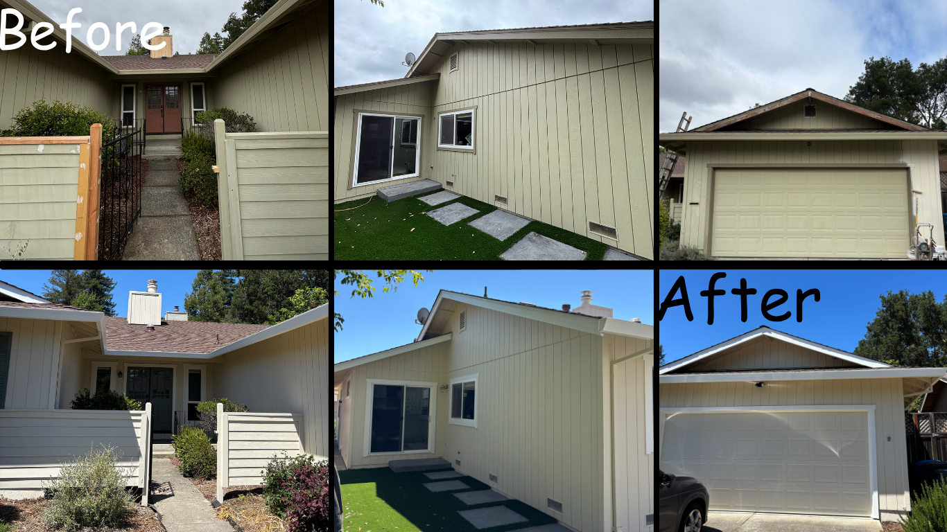 A collage showing the exterior of a house before and after renovation. The 'Before' images show an older, worn exterior with a pale yellow color, uneven concrete steps, and a small, fenced porch area. The 'After' images display a refreshed exterior with a cleaner, brighter appearance, new siding, neat concrete stepping stones, and a modern garage door. The house features a raised roofline and contemporary landscaping.