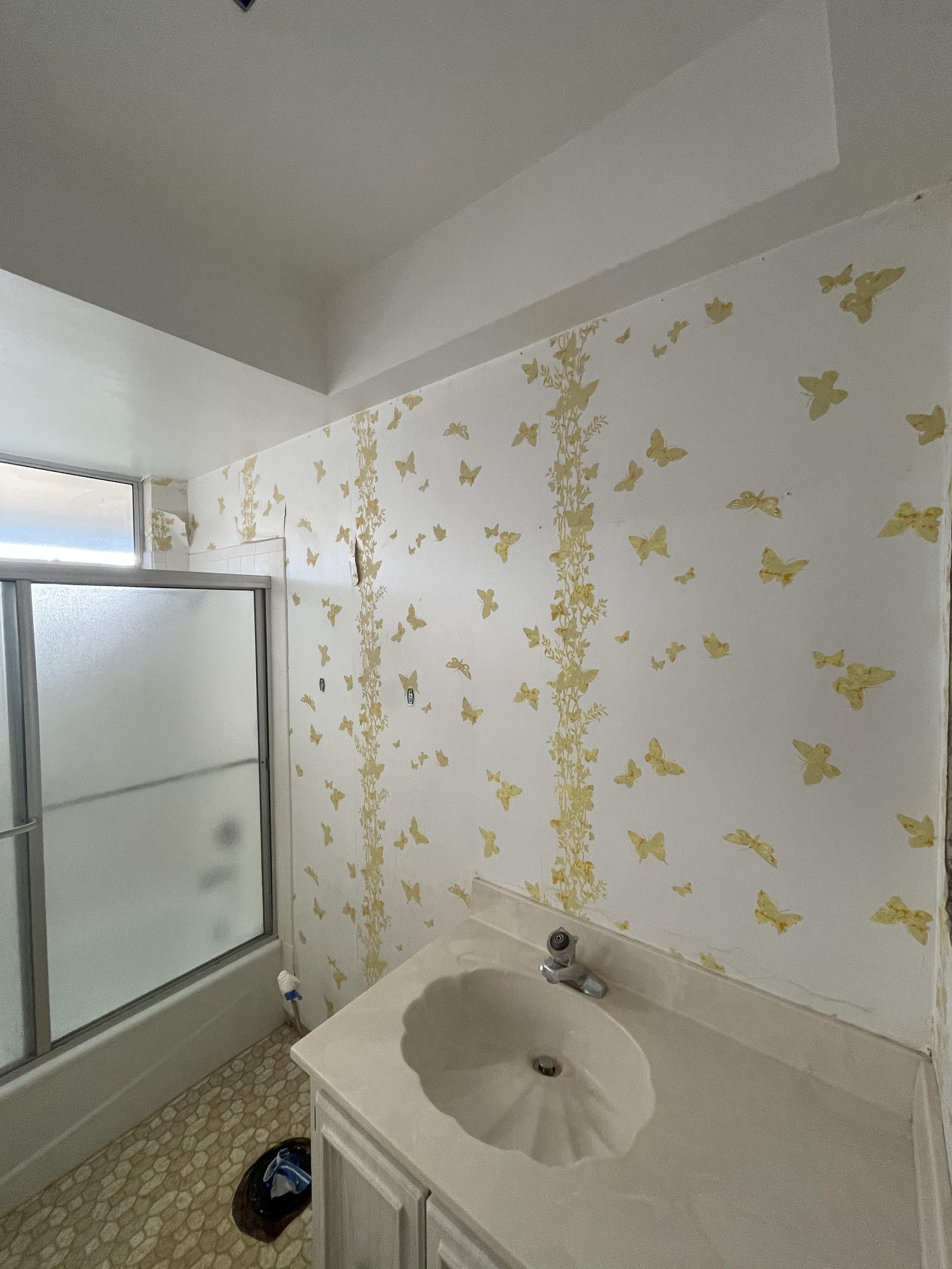 Bathroom with old and worn down butterfly-themed wallpaper, bathroom sink with faucet, mirror, shower with sliding door, and plumbing fixtures, with a small trash bag on the floor.