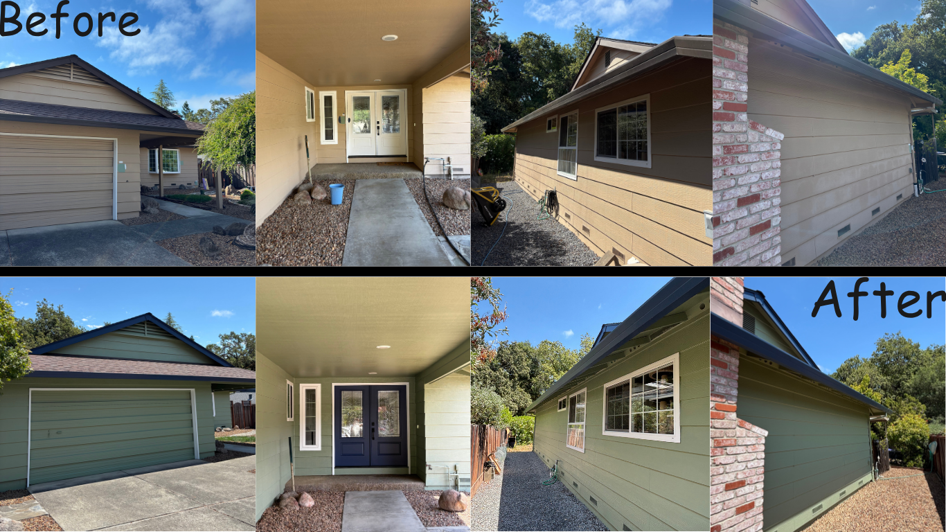 Comparison of a house exterior before and after renovation. The top row shows the house before with beige siding, a plain porch, and an apparent lack of fenêtre updates. The bottom row shows the house after with a new green paint job, a refreshed porch with dark blue doors, and improved siding details. The images include front and side views, highlighting the enhanced curb appeal.