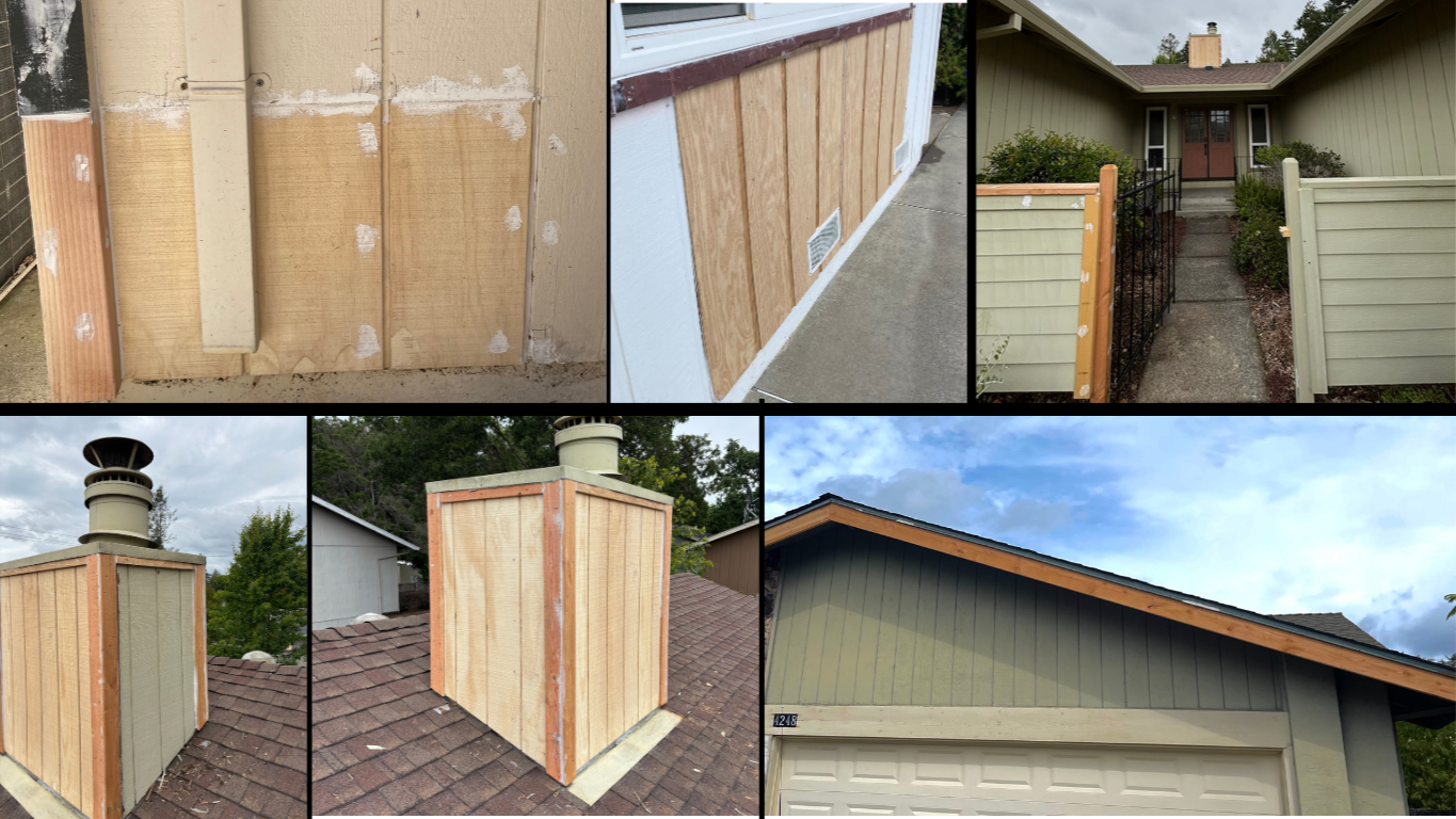 Series of images showing construction and installation of house features, including wood framing, siding, gate, fencing, and roof gable.