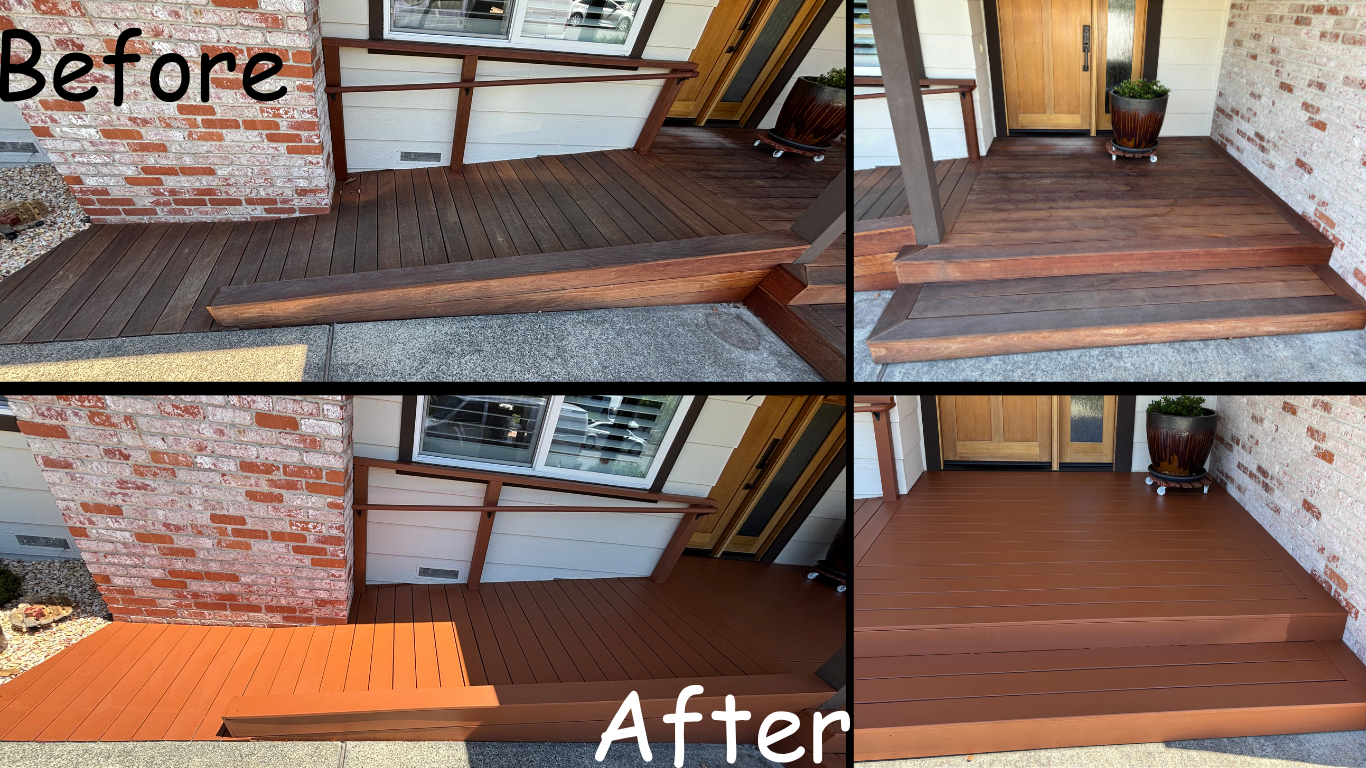 Comparison of a porch before and after refinishing. The before images show a weathered, dark wooden surface with uneven planks. The after images show a newly painted, brightened porch with smooth, evenly painted surface and a clean finish.
