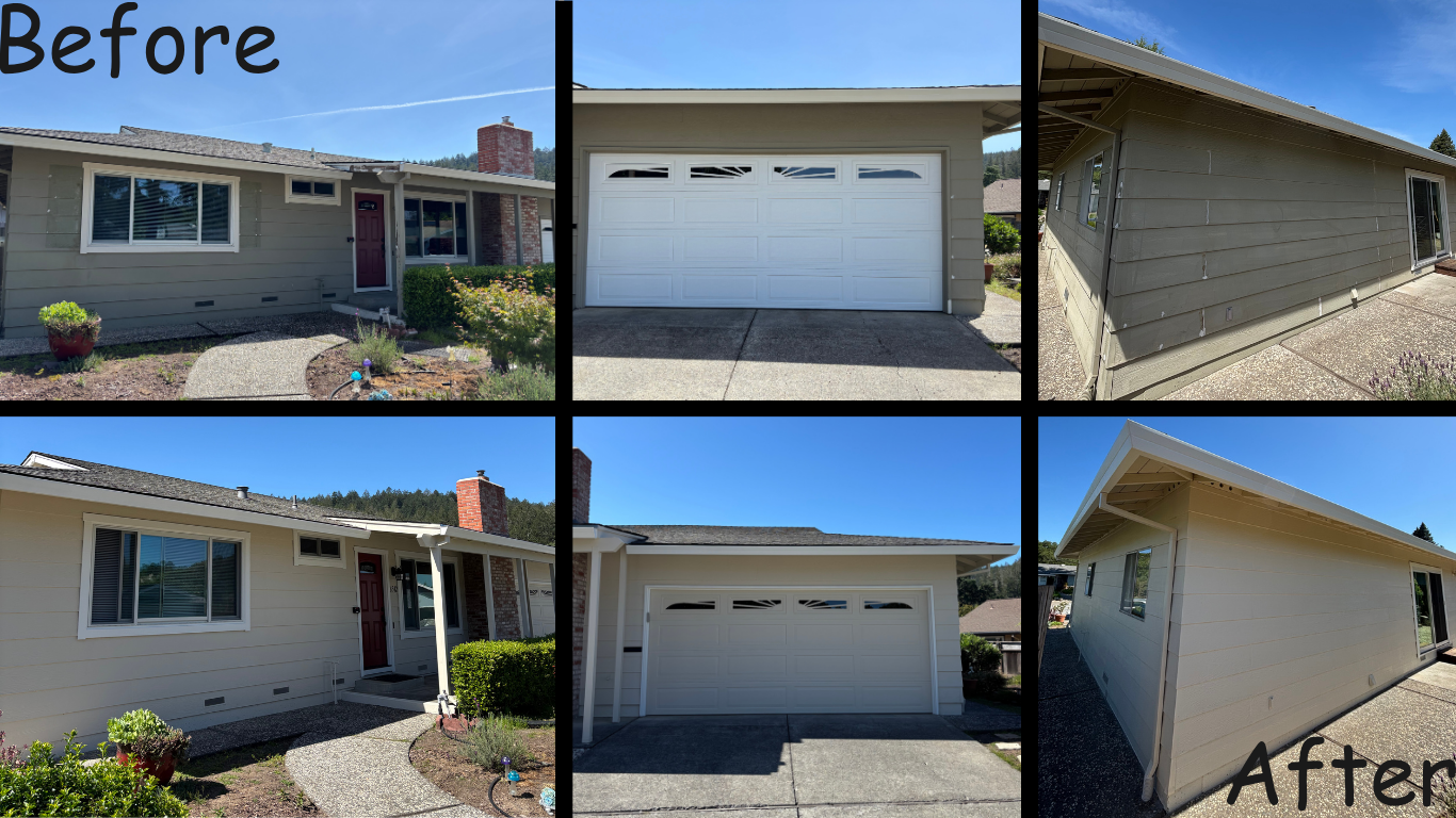 Side-by-side comparison of a house before and after a renovation. The top row shows the house before with older siding and the bottom row shows the house after with new, lighter-colored siding. The middle images feature a white garage door, and the side views highlight the updated siding and roofline.