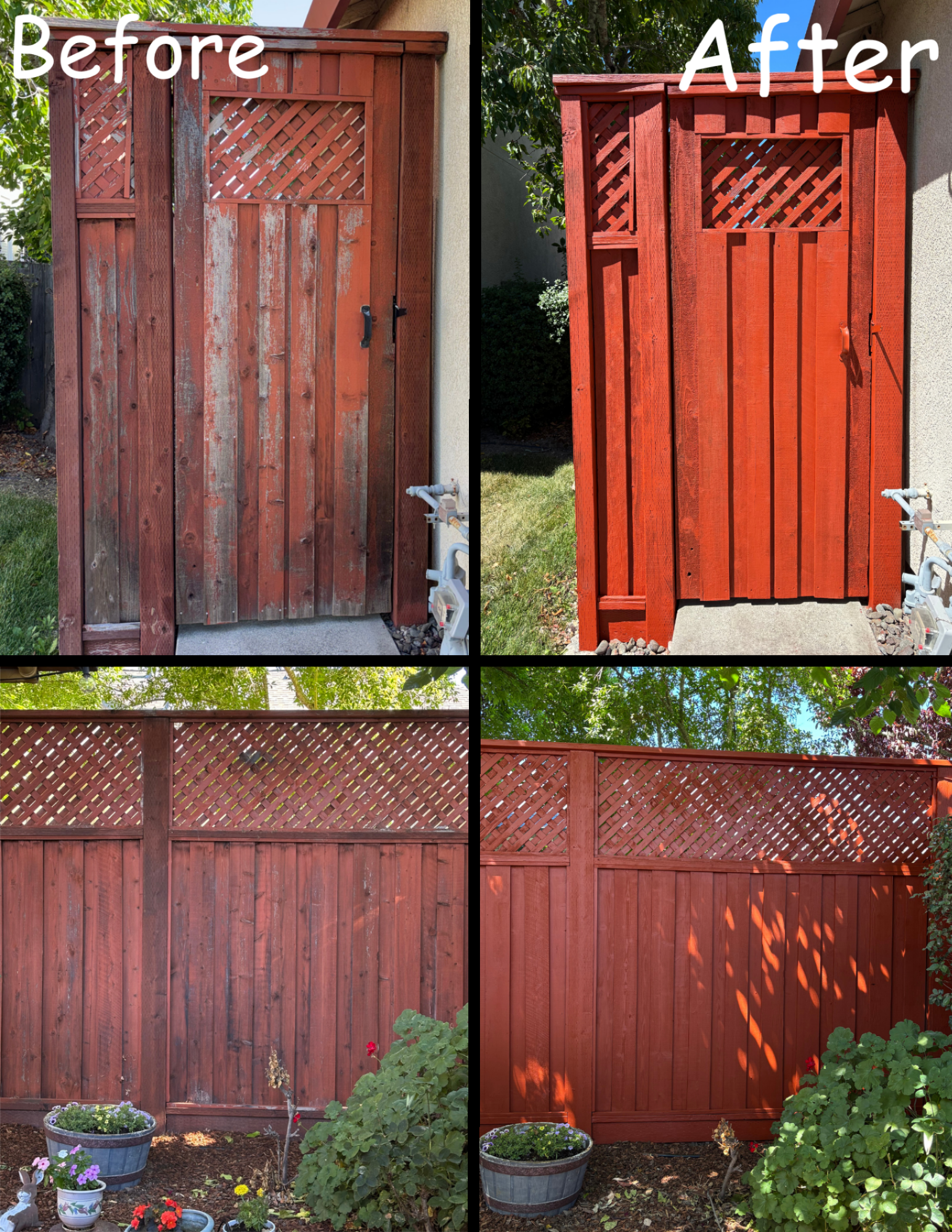 Side-by-side comparison of a red wooden fence before and after being painted. The 'before' fence is weathered and faded, while the 'after' fence is freshly painted with vibrant red color. The scene includes plants and flowers at the base of the fence, with the background showing trees and a clear sky.