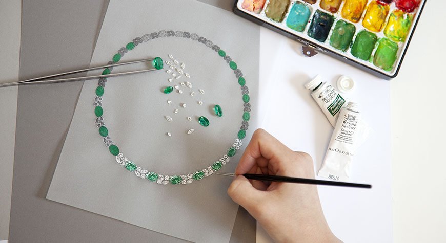 Designers at Oscar Heyman illustrate a diamond and emerald necklace.