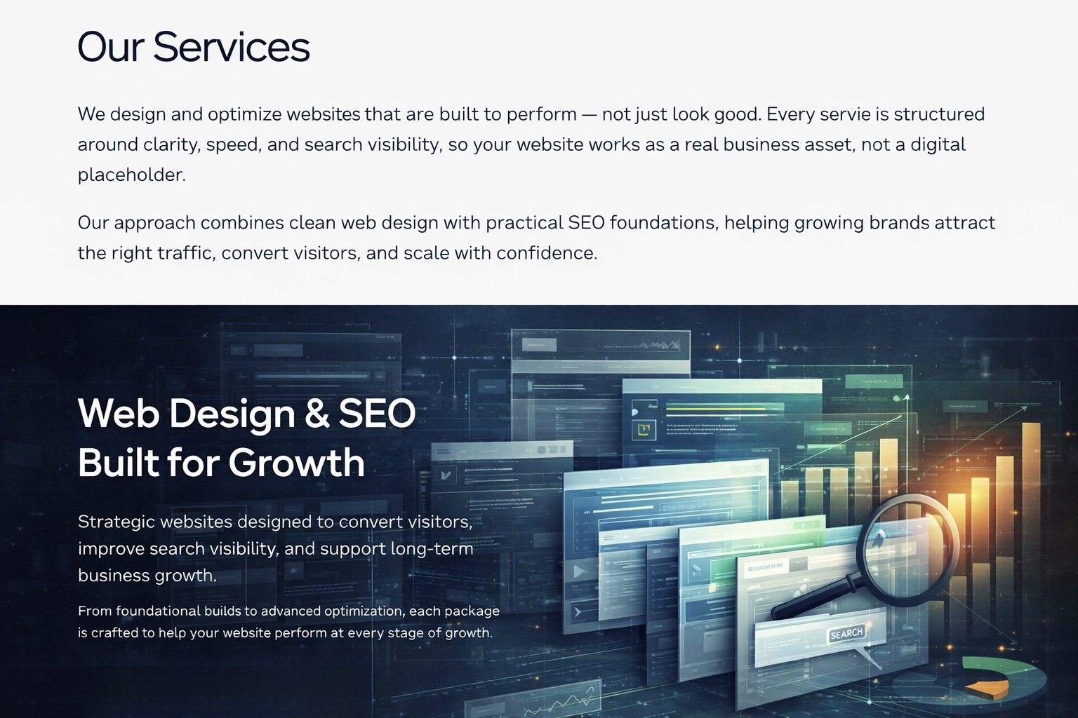 Web development and SEO services webpage featuring digital screens, graphs, and a magnifying glass, emphasizing growth and online visibility.