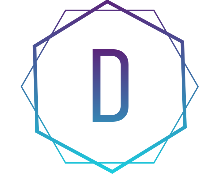 Colorful abstract digital graphic with a stylized 'D' in the center, surrounded by geometric shapes and vibrant lines.