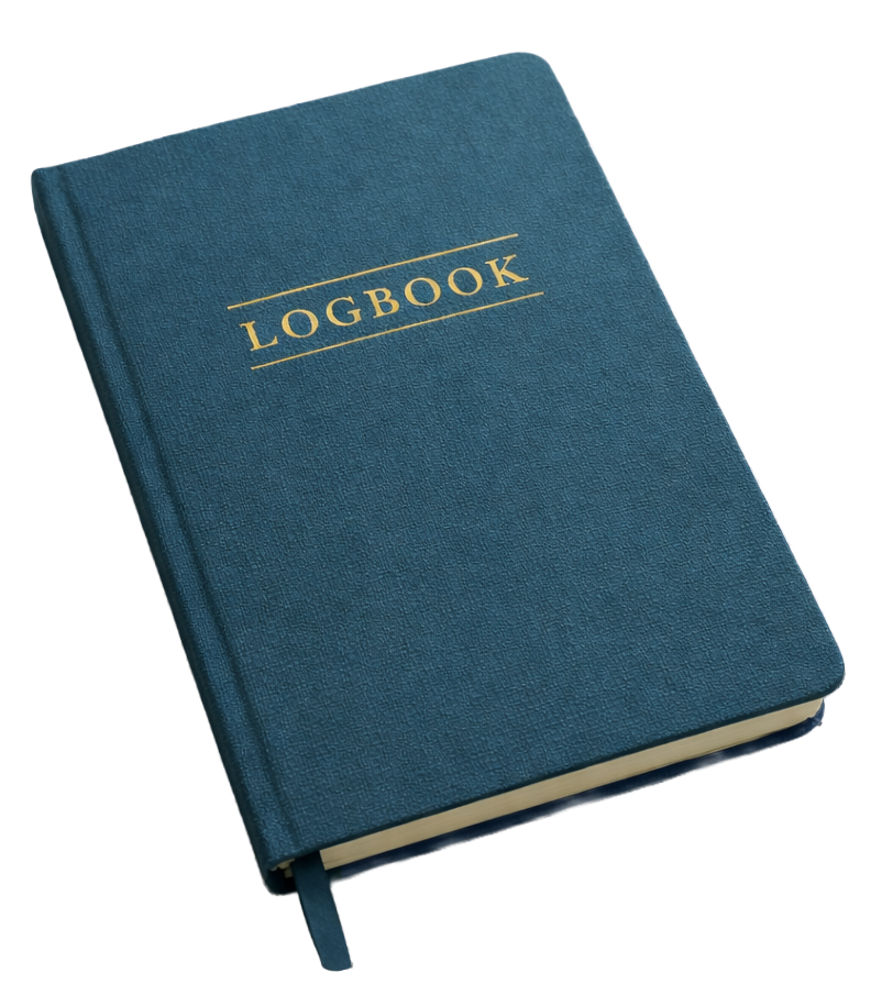 A blue hardcover logbook with gold lettering that reads "LOGBOOK" is resting on a light gray fabric surface.