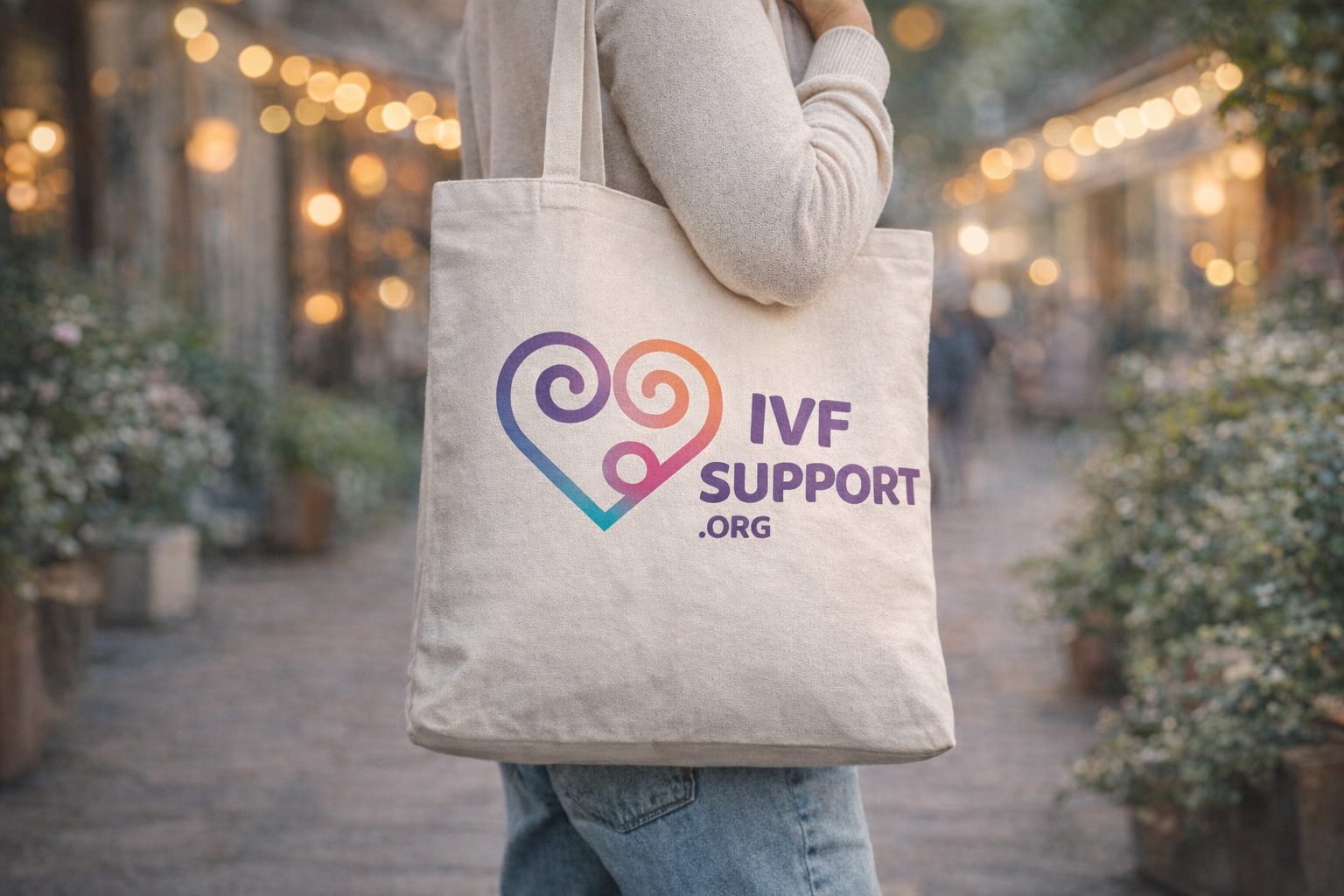Person carrying beige tote bag with IVF support logo in a garden setting with lights and plants