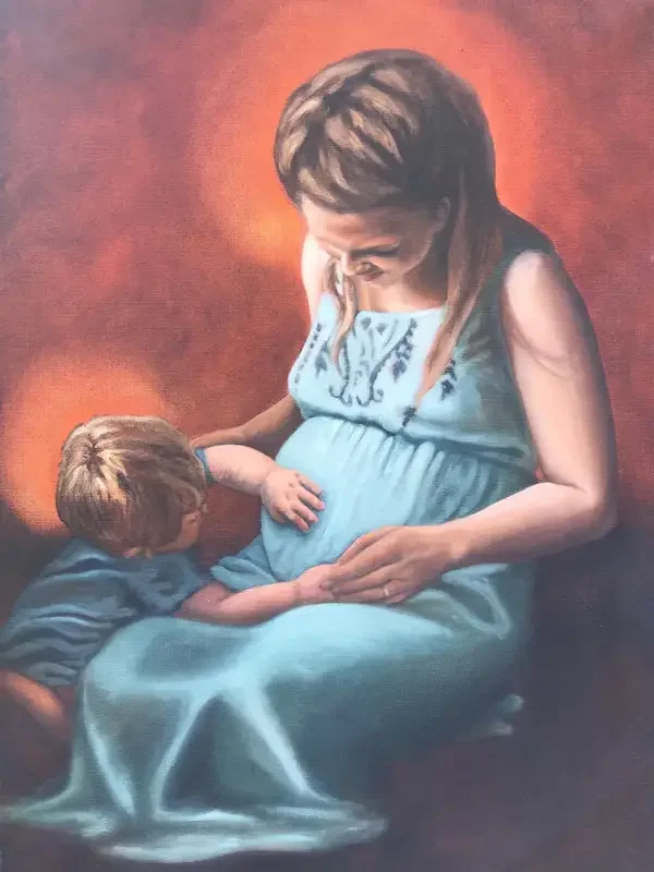 A painting of a pregnant woman sitting down, with a young boy touching her belly, in a warm, soft-lit setting.