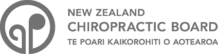 Logo of the New Zealand Chiropractic Board with a stylized spine and the organization's name in both English and Maori.