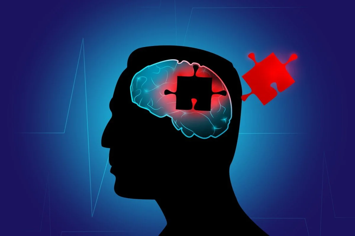 A silhouette of a person's head with an illuminated brain inside, featuring a large puzzle piece missing from the brain and a separate red puzzle piece outside, symbolizing brain injury or mental health issues.