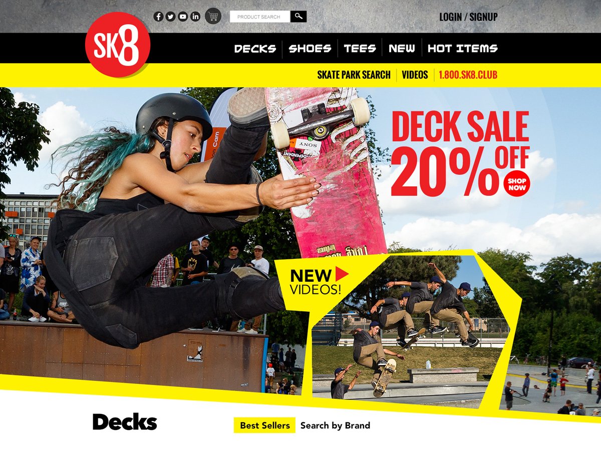 A young woman wearing a helmet performing a skateboarding trick at a skate park, with a crowd watching. Text on the image advertises a deck sale with 20% off and promotes new skateboarding videos.